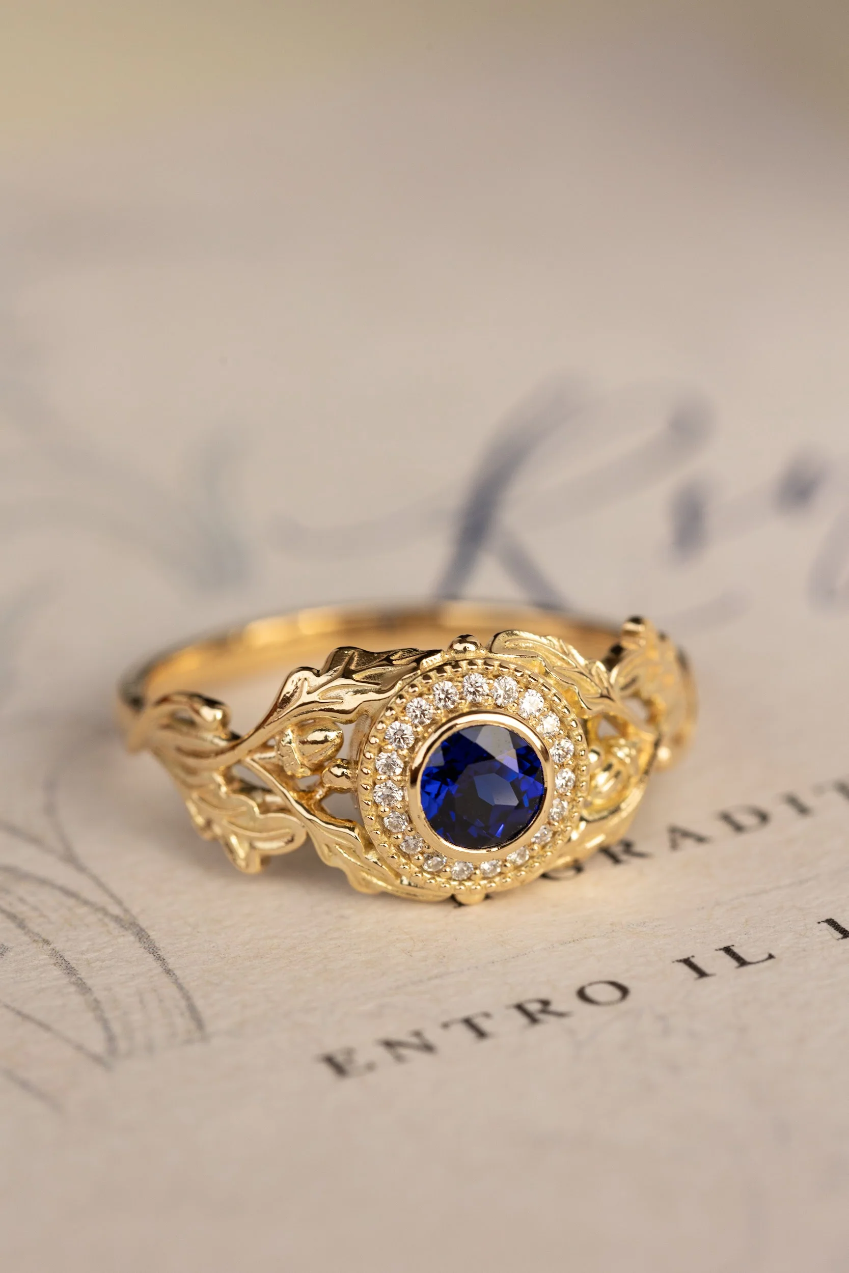 Halo diamond and lab blue sapphire engagement ring, celtic ring with oak leaves and diamonds / Dair - Image 7