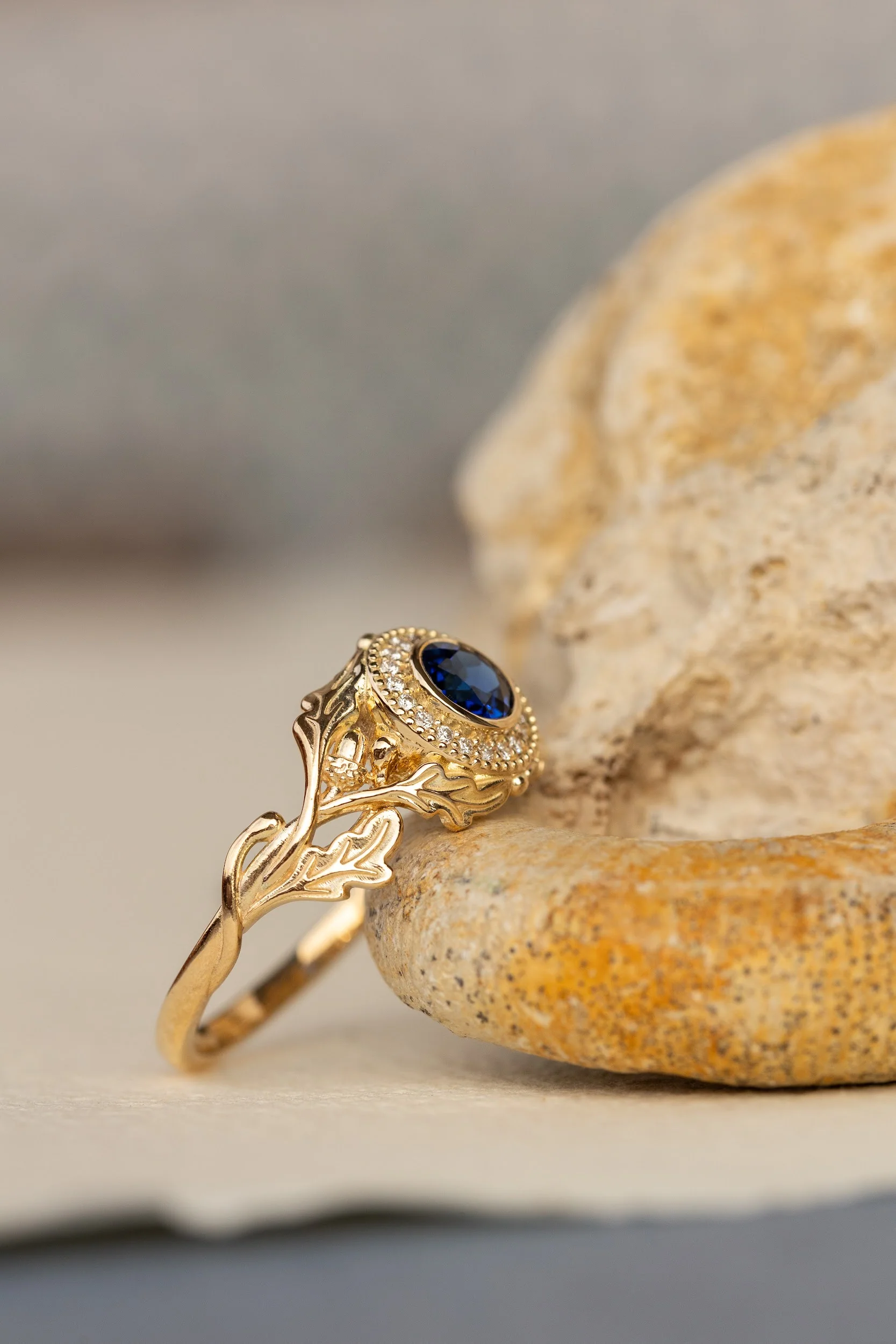 Halo diamond and lab blue sapphire engagement ring, celtic ring with oak leaves and diamonds / Dair - Image 8