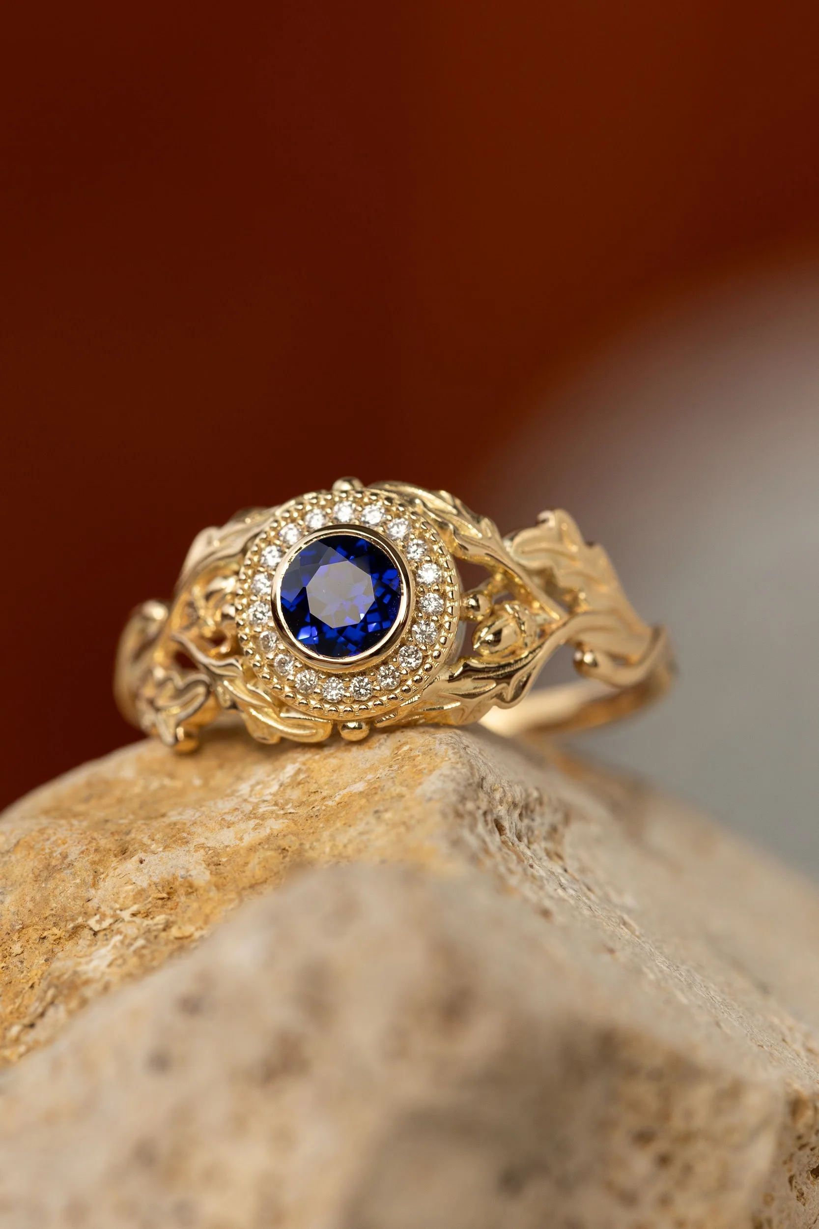 Halo diamond and lab blue sapphire engagement ring, celtic ring with oak leaves and diamonds / Dair - Image 9
