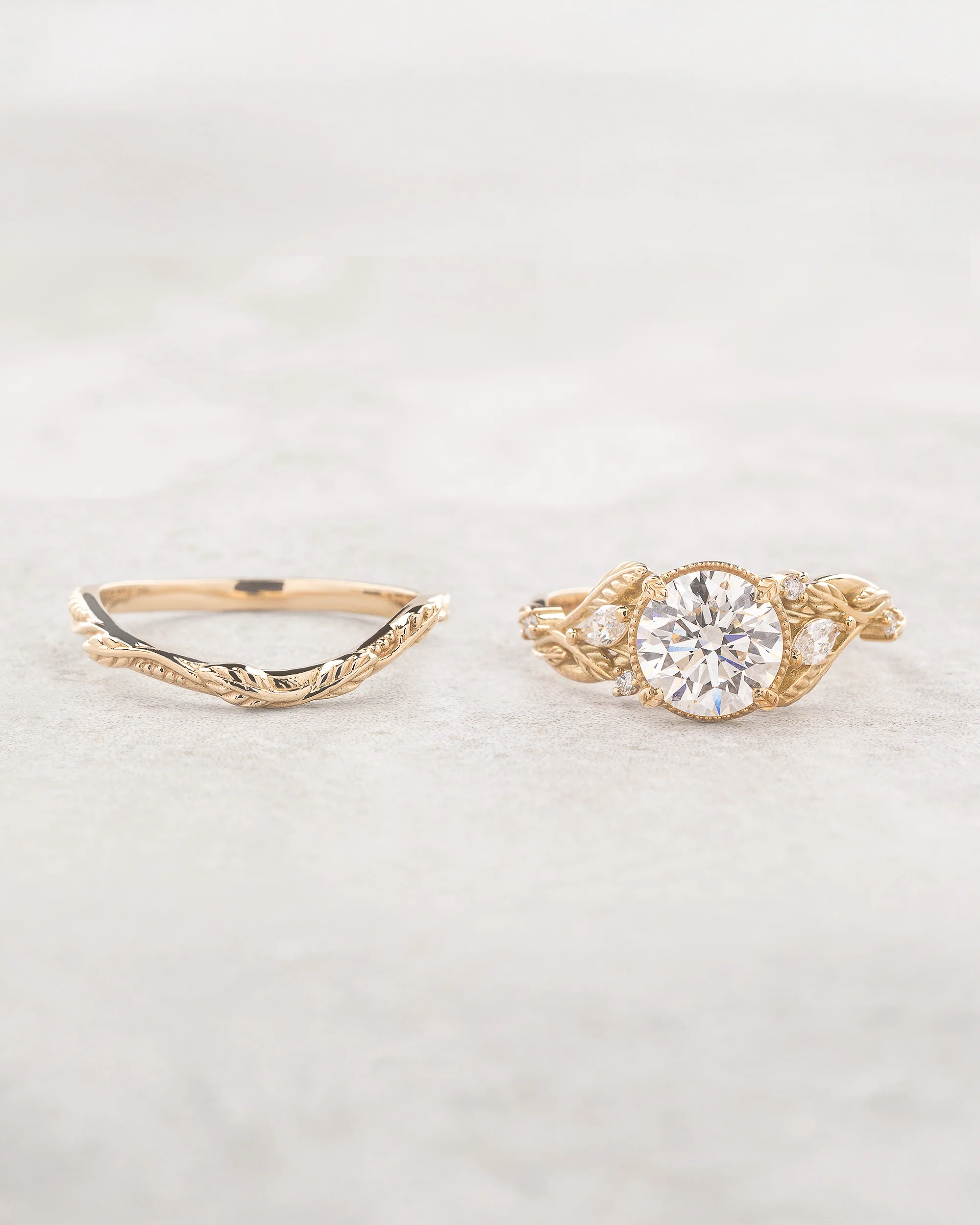 Hypnotizing big diamond bridal ring set, nature inspired engagement ring with a matching twig band / Patricia - Image 2