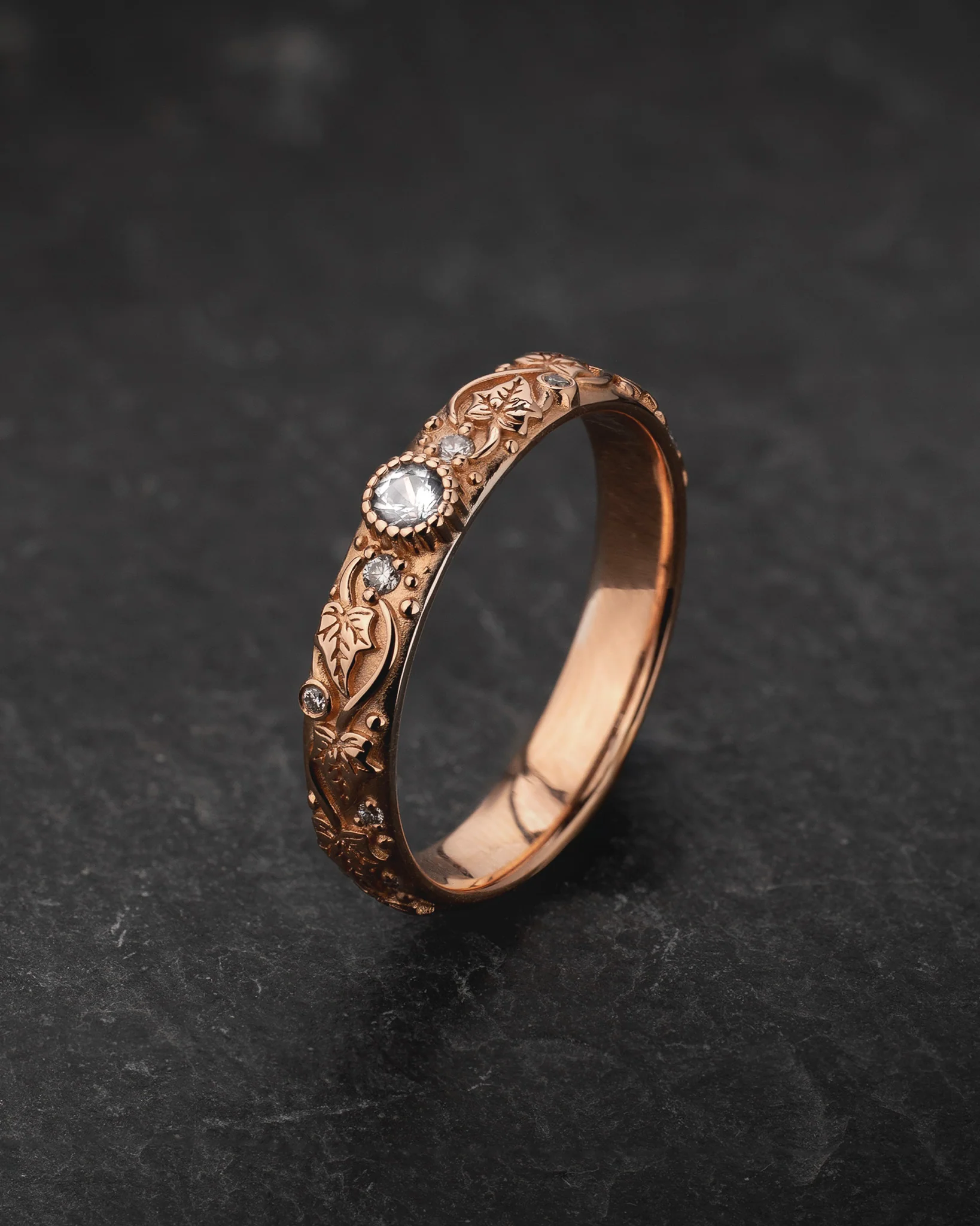 Ivy leaves wedding band with diamonds, comfort fit ring - Image 3