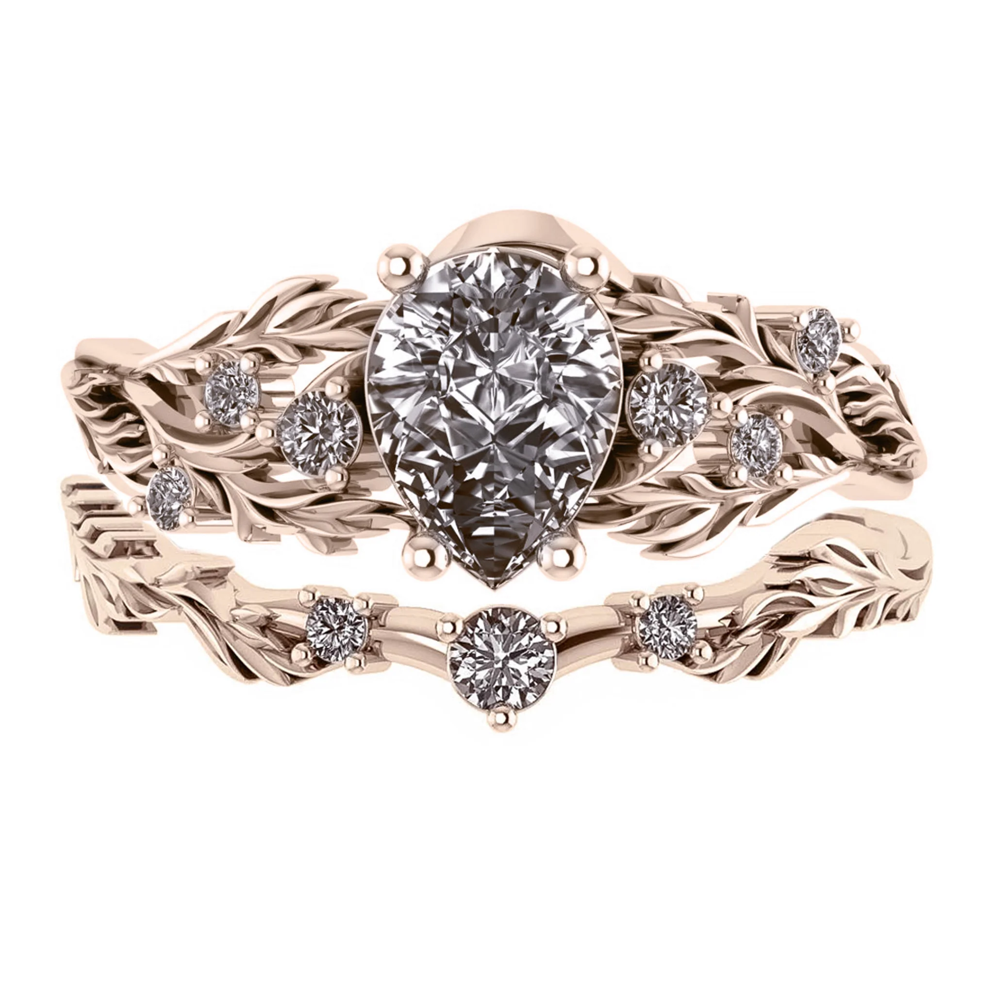 Japanese Maple | bridal ring set for pear cut gemstone 8x6 mm