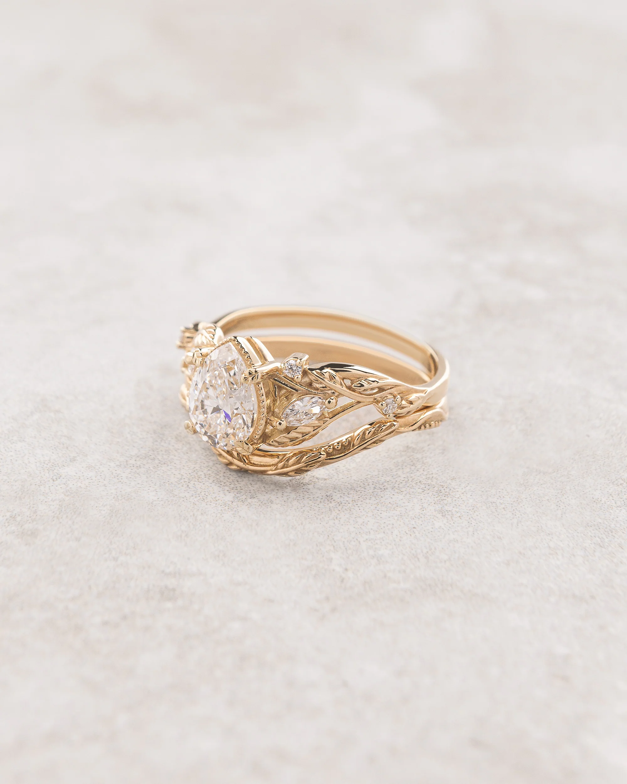 Lab grown diamond bridal ring set, nature engagement ring with twig wedding band / Patricia - Image 2