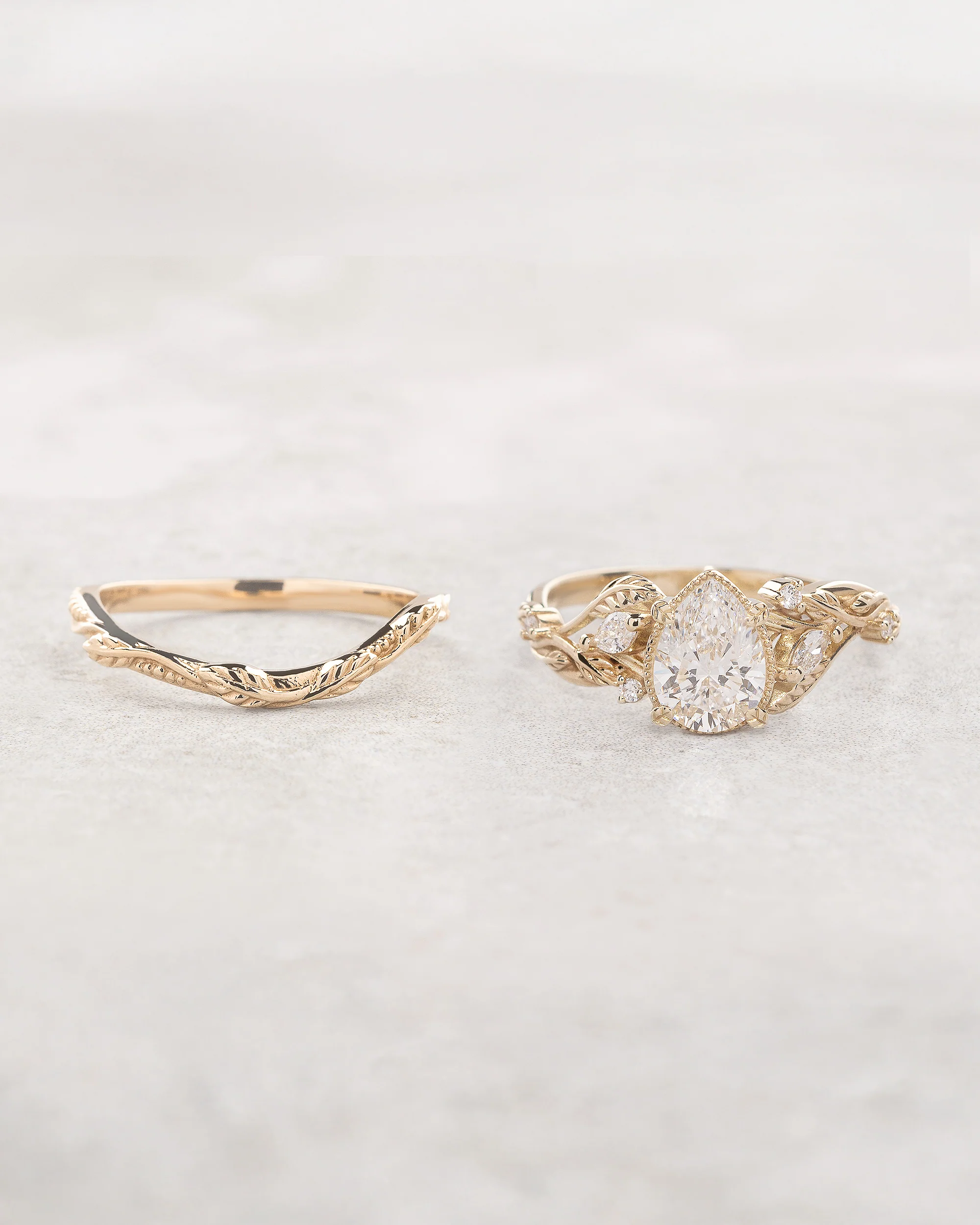 Lab grown diamond bridal ring set, nature engagement ring with twig wedding band / Patricia - Image 3