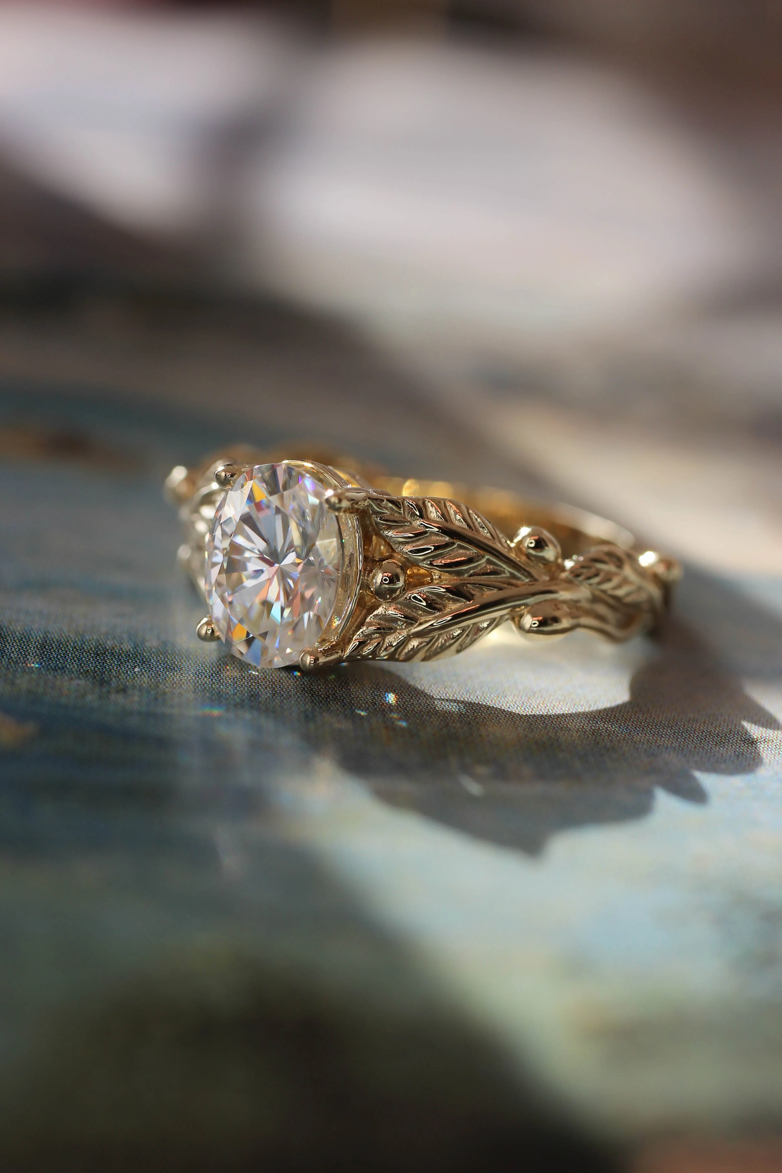 Lab grown diamond engagement ring, oval cut gemstone gold leaf promise ring / Cornus slim version - Image 6