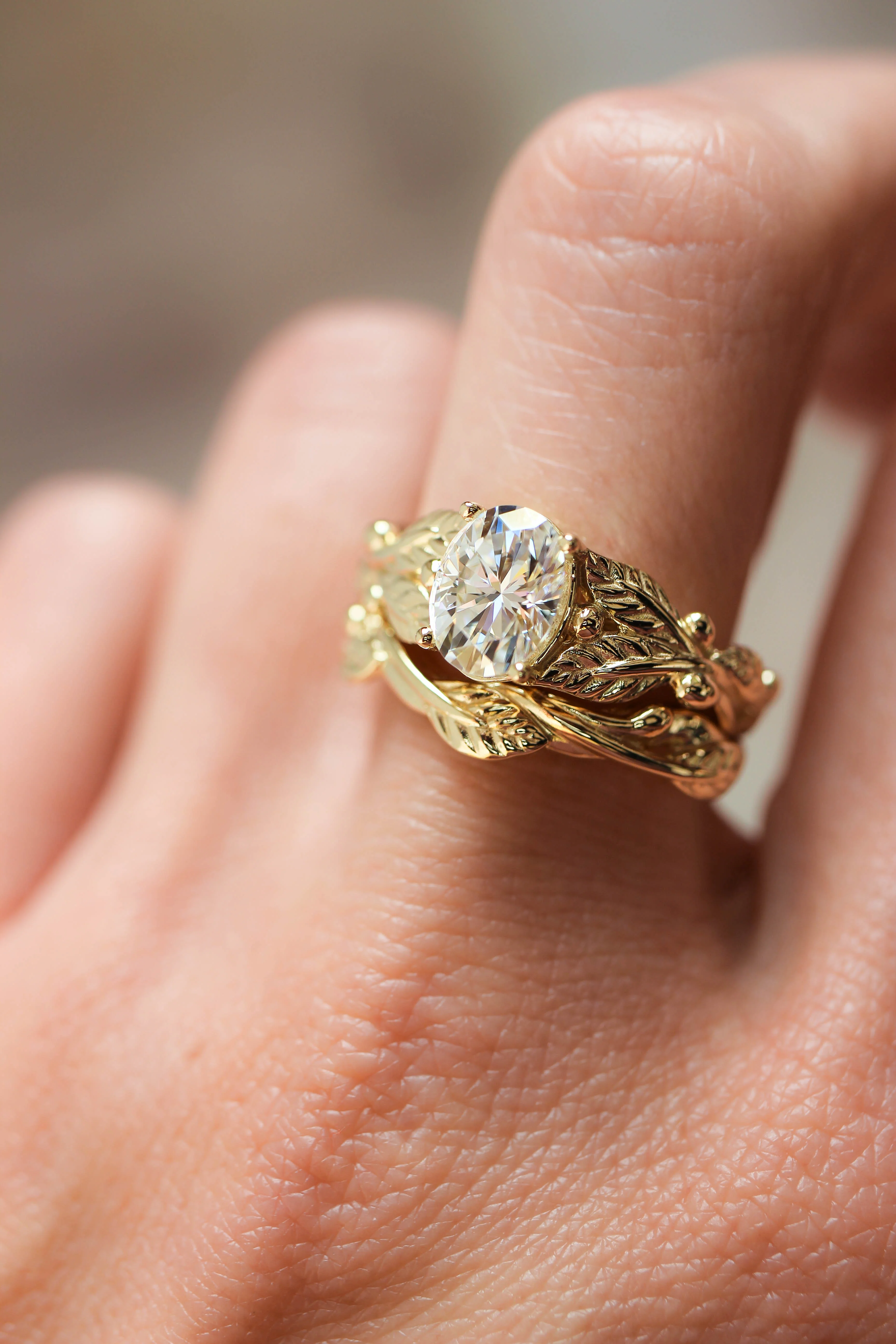 Lab grown diamond engagement ring, oval cut gemstone gold leaf promise ring / Cornus slim version - Image 7