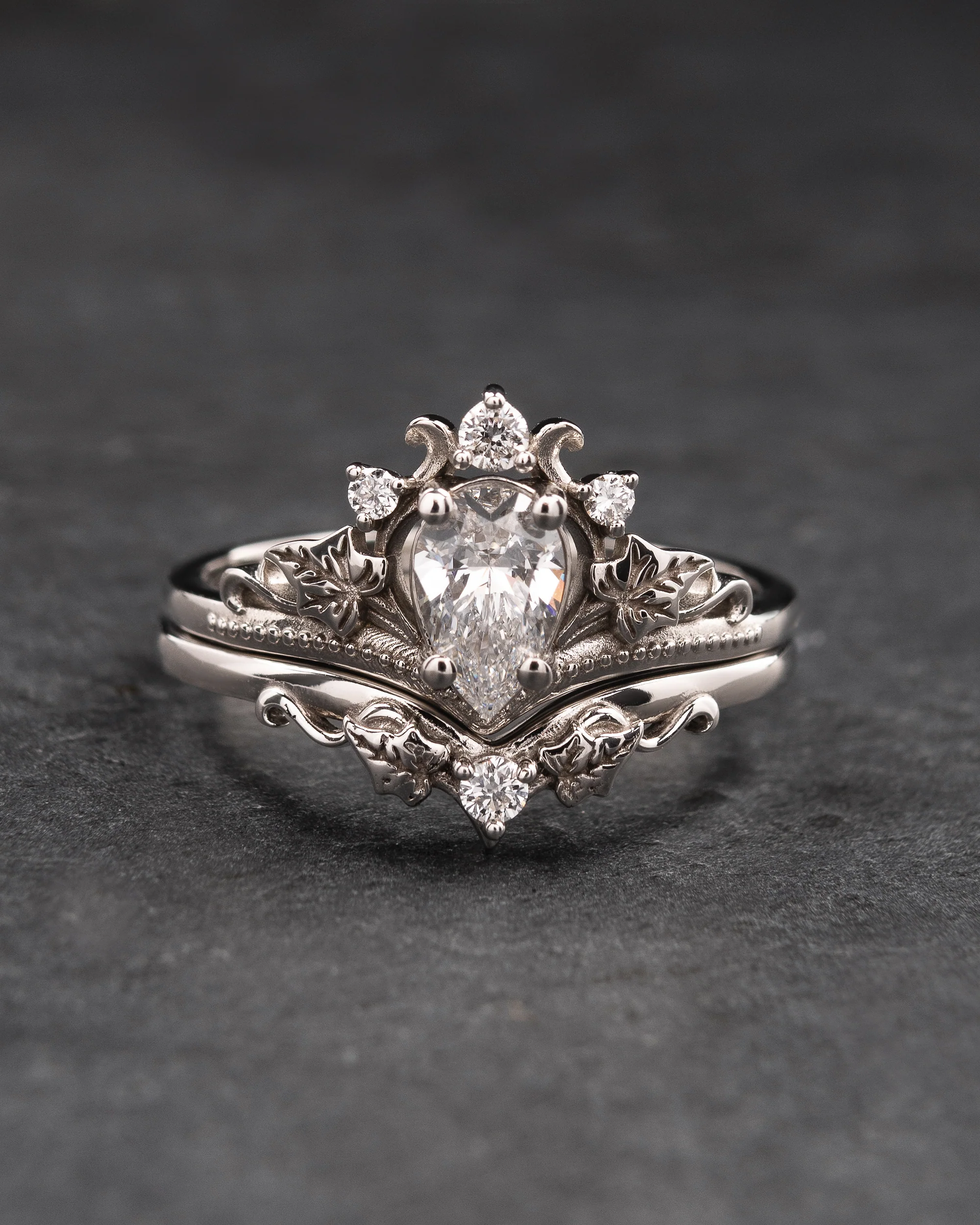 Lab grown diamond engagement ring set, crown shape gold rings with diamonds / Ariadne