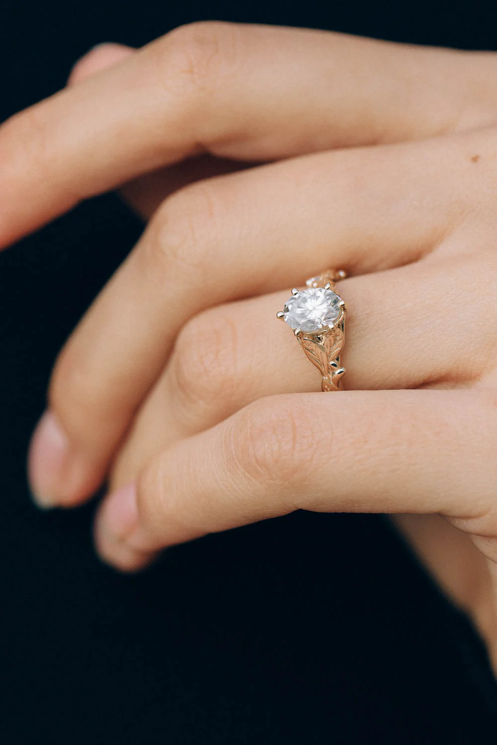 Solid gold leaves ring with lab grown diamond, nature engagement ring / Freesia - Image 6