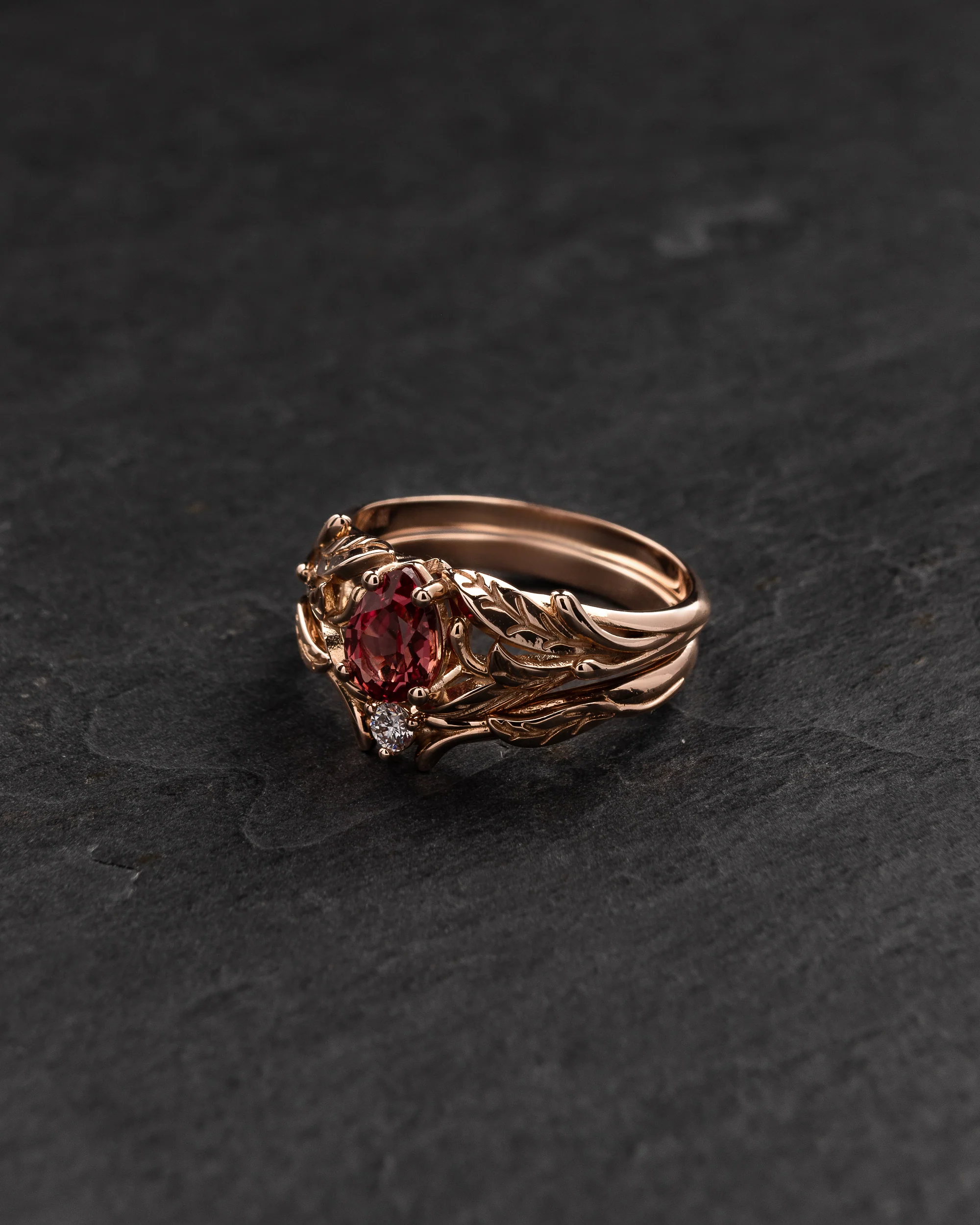 Lab padparadscha sapphire ring with diamond wedding band / Wisteria - Image 2