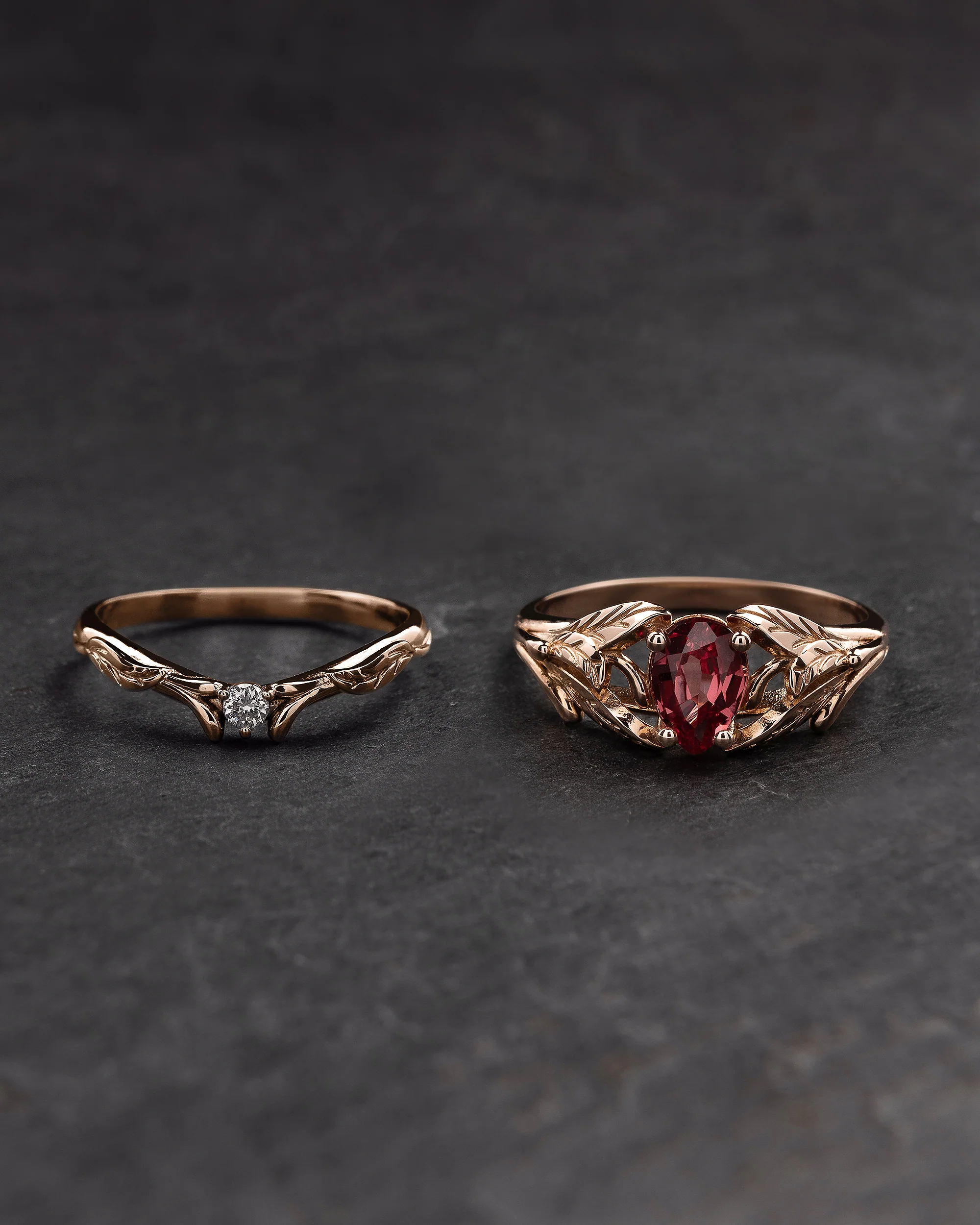 Lab padparadscha sapphire ring with diamond wedding band / Wisteria - Image 3