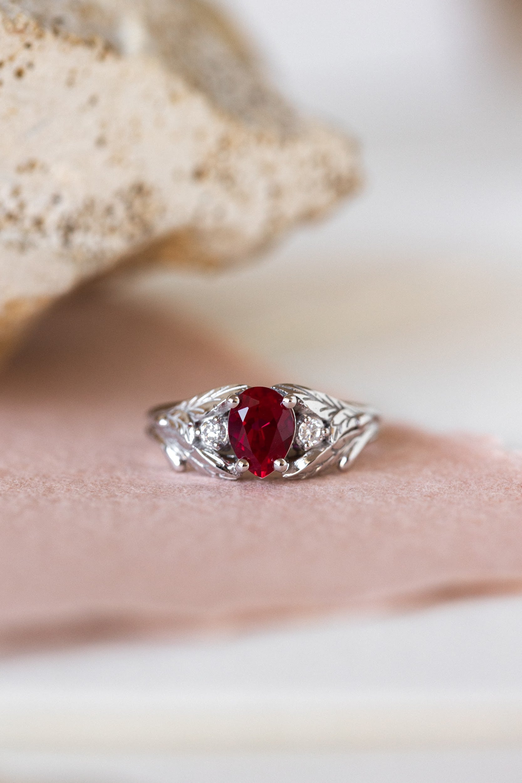 Lab ruby engagement ring, nature inspired ring with accent diamonds / Wisteria - Image 3