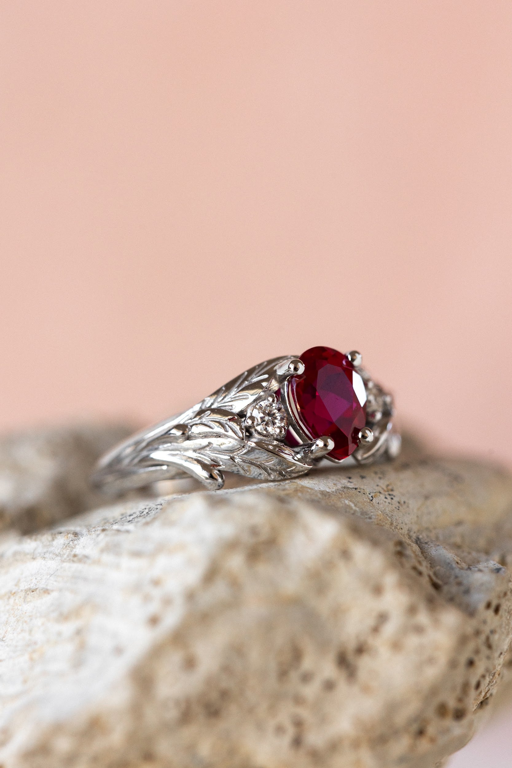 Lab ruby engagement ring, nature inspired ring with accent diamonds / Wisteria - Image 4