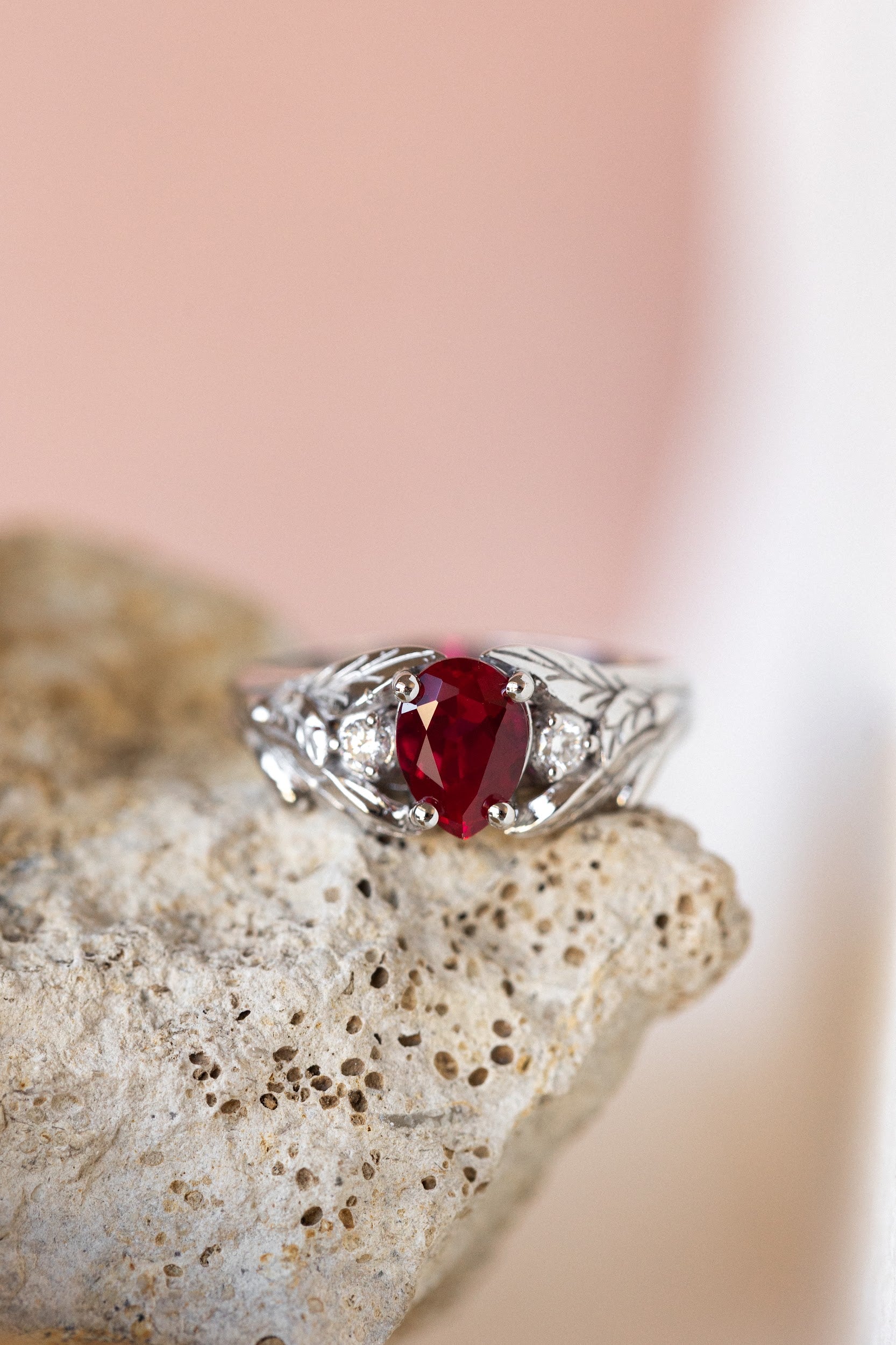 Lab ruby engagement ring, nature inspired ring with accent diamonds / Wisteria - Image 5