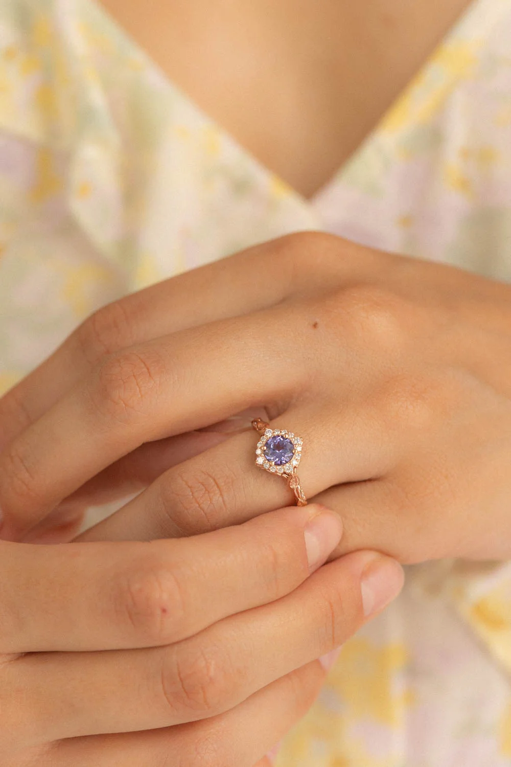 Lavender tanzanite engagement ring with diamond halo, rose gold leaves ring with diamonds / Florentina - Image 10