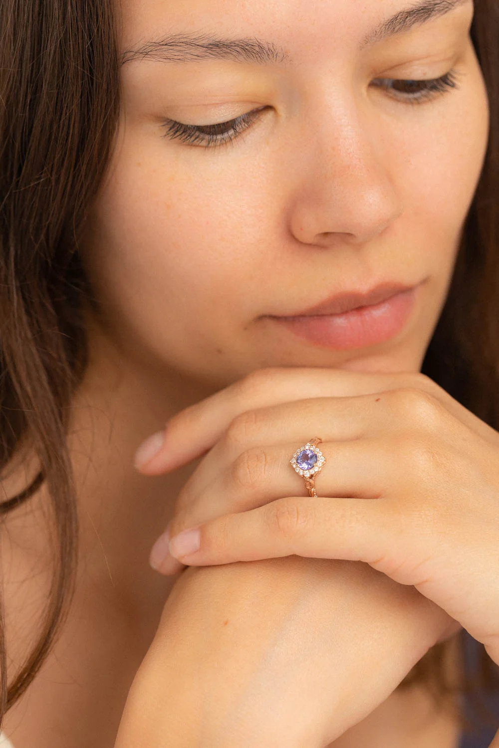 Lavender tanzanite engagement ring with diamond halo, rose gold leaves ring with diamonds / Florentina - Image 11