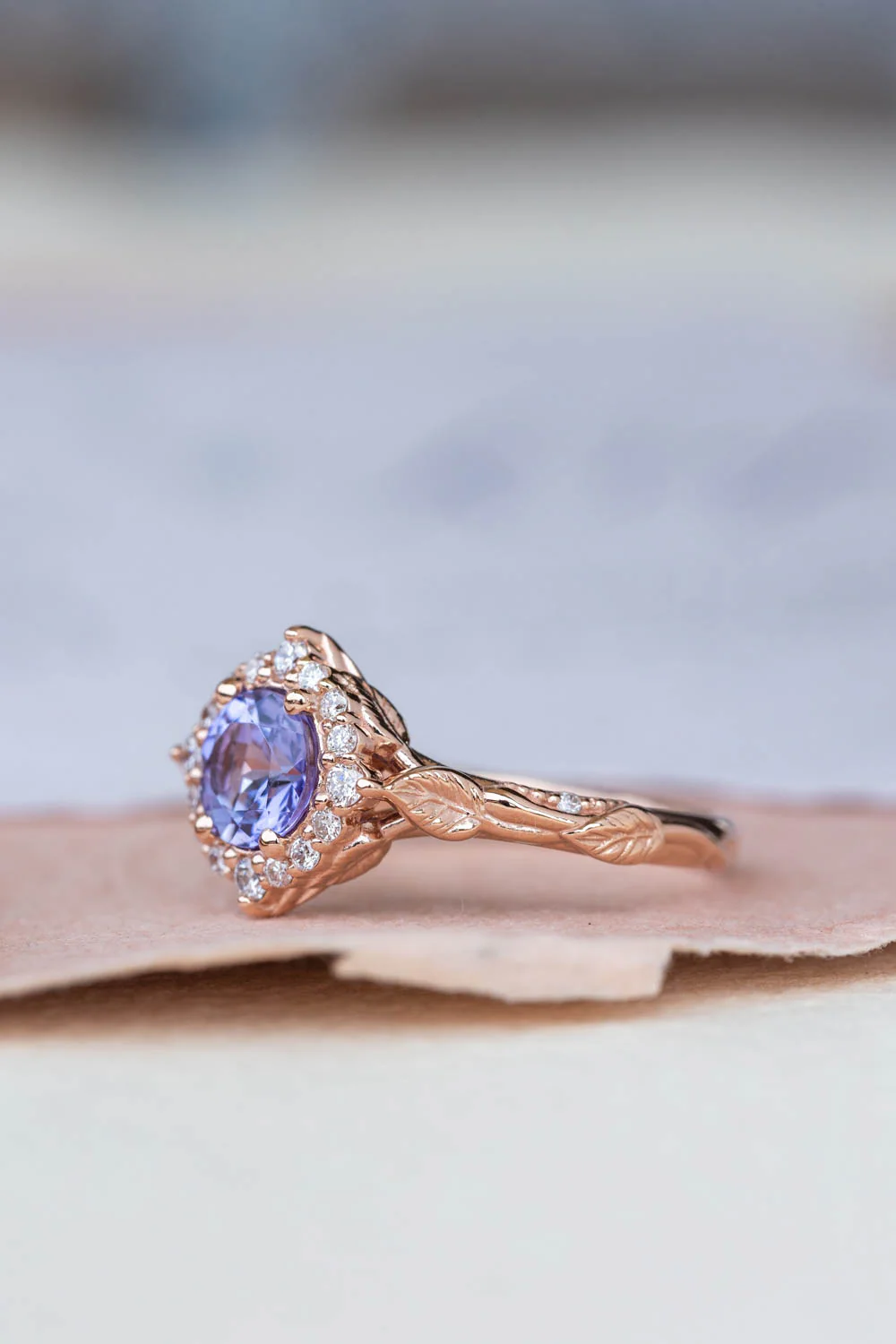 Lavender tanzanite engagement ring with diamond halo, rose gold leaves ring with diamonds / Florentina - Image 3