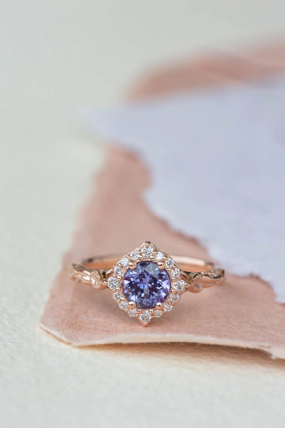 Lavender tanzanite engagement ring with diamond halo, rose gold leaves ring with diamonds / Florentina - Image 4