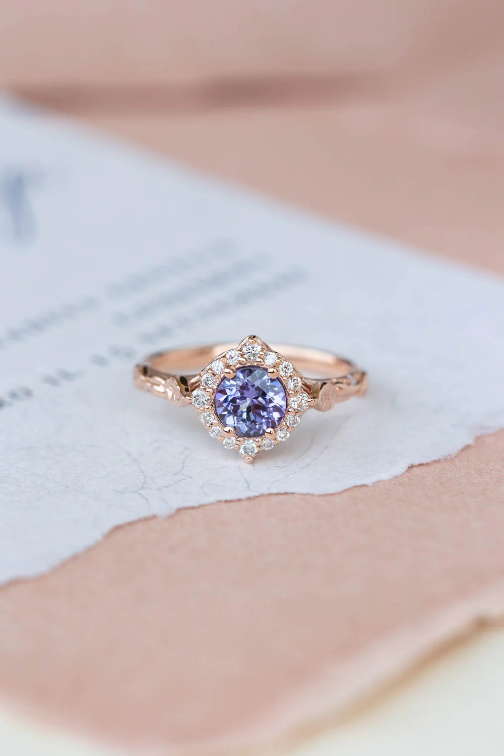 Lavender tanzanite engagement ring with diamond halo, rose gold leaves ring with diamonds / Florentina - Image 5