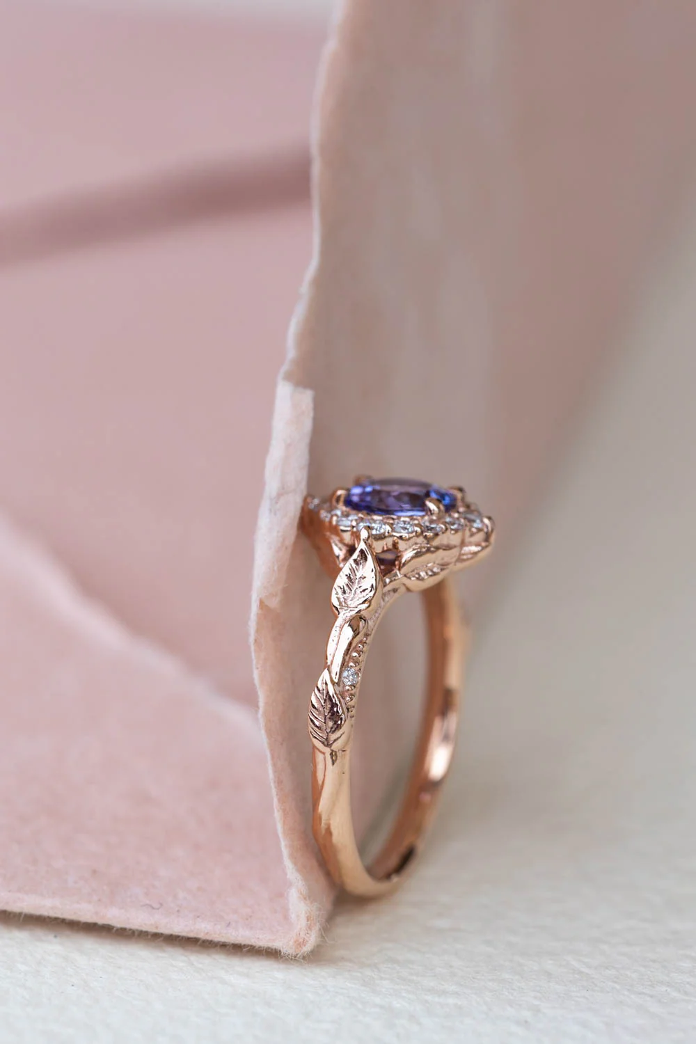 Lavender tanzanite engagement ring with diamond halo, rose gold leaves ring with diamonds / Florentina - Image 6
