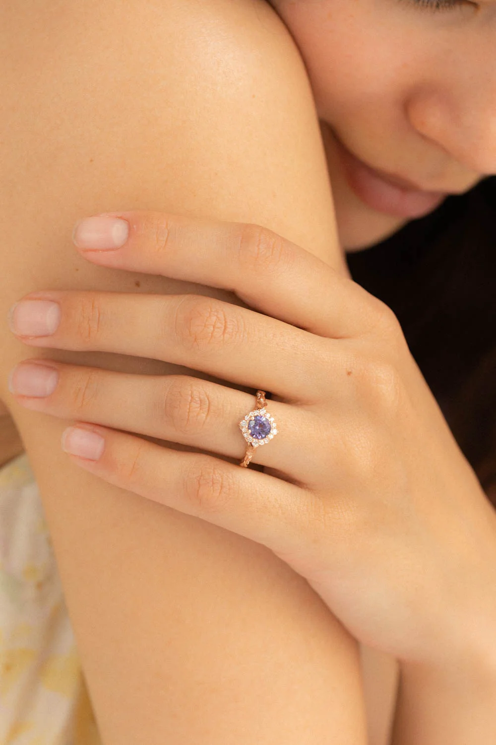 Lavender tanzanite engagement ring with diamond halo, rose gold leaves ring with diamonds / Florentina - Image 7