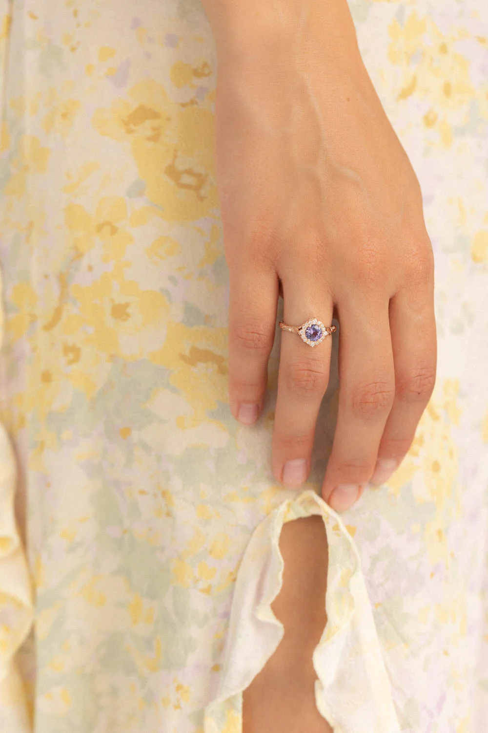 Lavender tanzanite engagement ring with diamond halo, rose gold leaves ring with diamonds / Florentina - Image 8