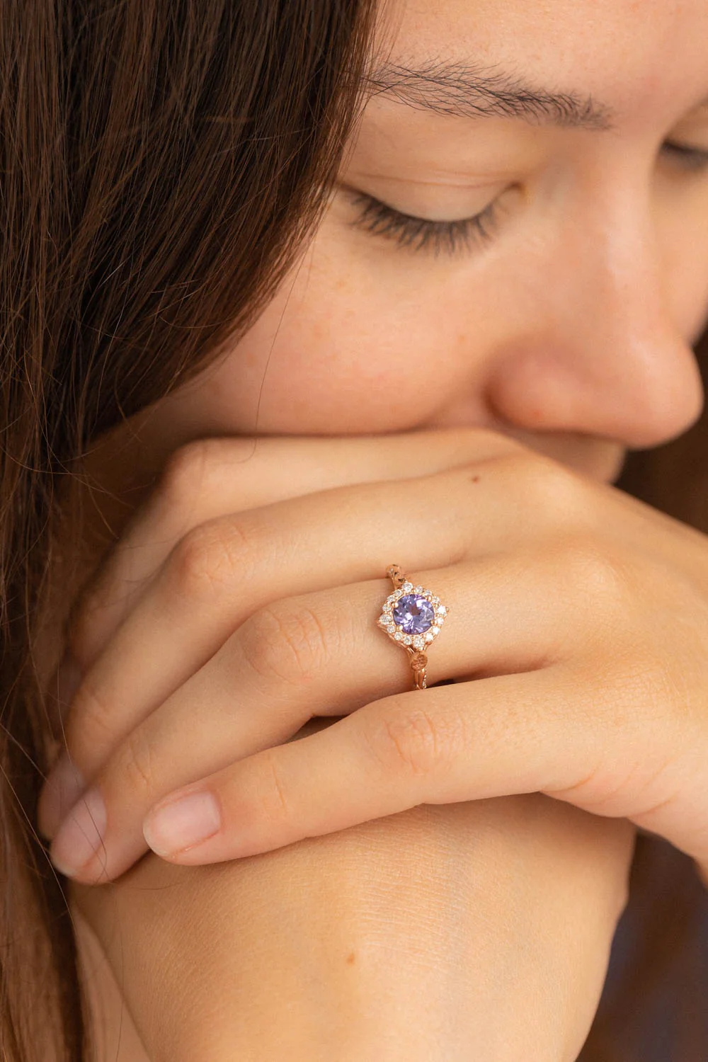 Lavender tanzanite engagement ring with diamond halo, rose gold leaves ring with diamonds / Florentina - Image 9