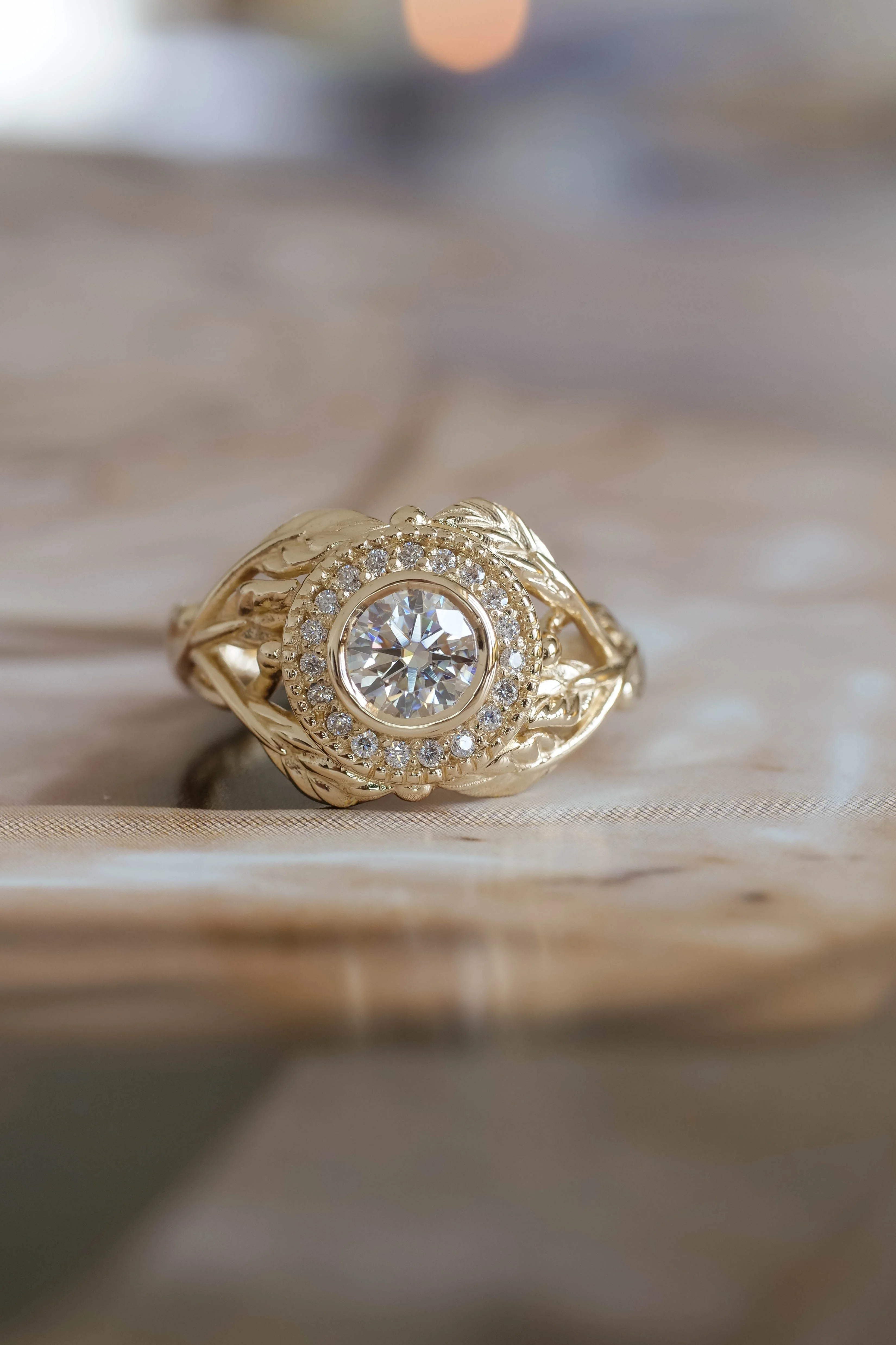 Leaf & halo engagement ring with lab grown diamond, 5mm / Tilia halo - Image 7