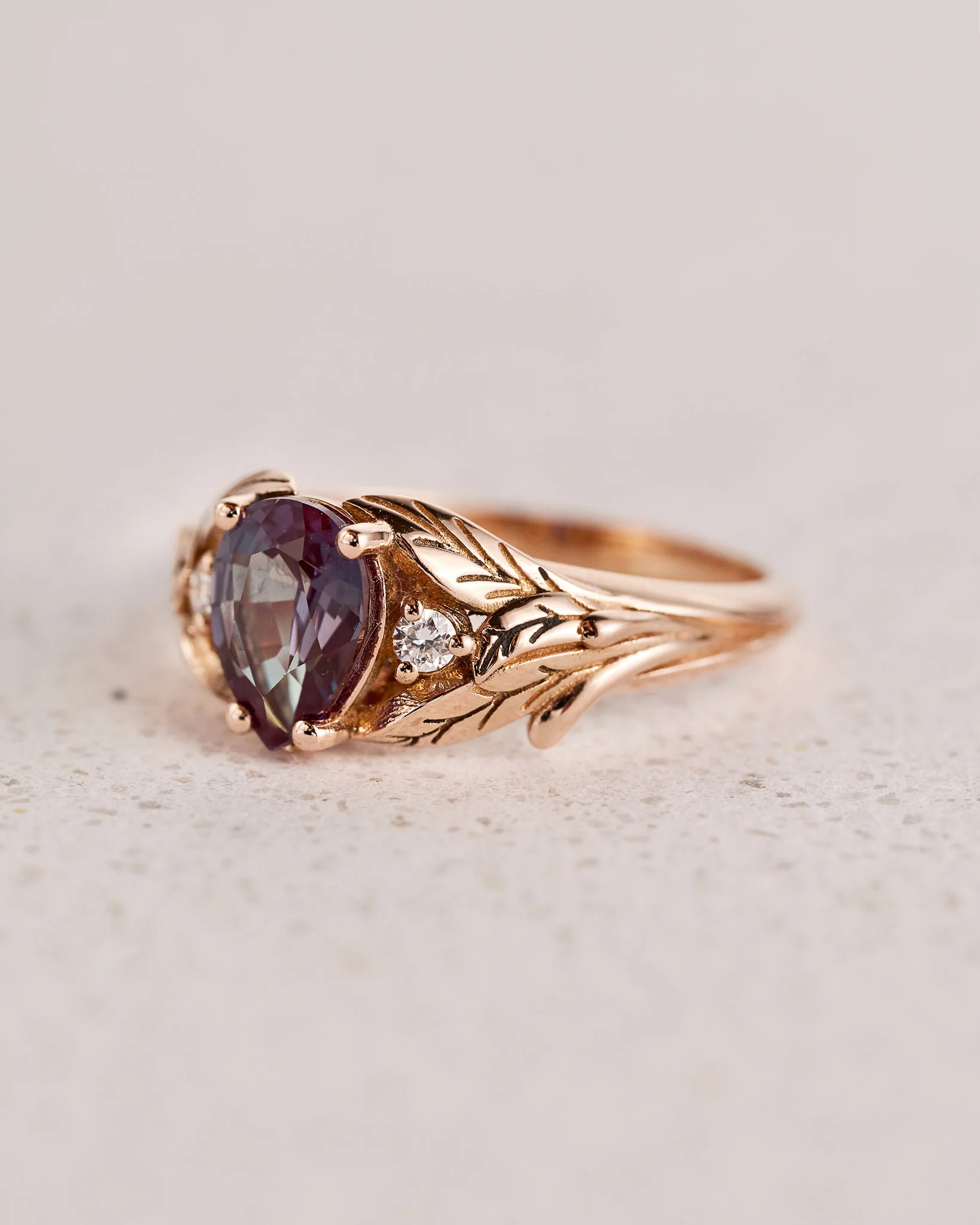 Alexandrite and diamonds engagement ring in a leafy setting / Wisteria - Image 5