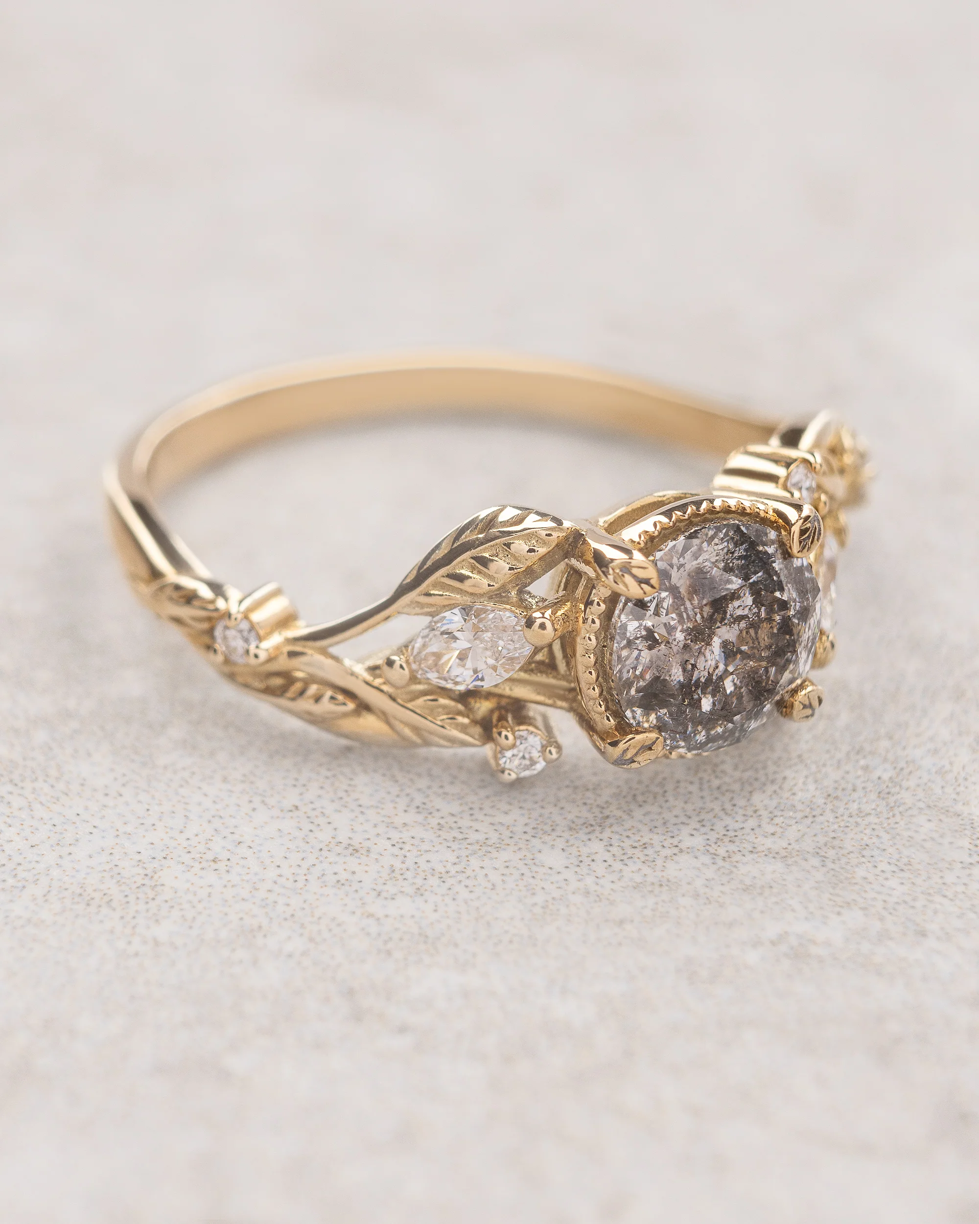 Natural salt & pepper diamond engagement ring with accent diamonds / Patricia - Image 3