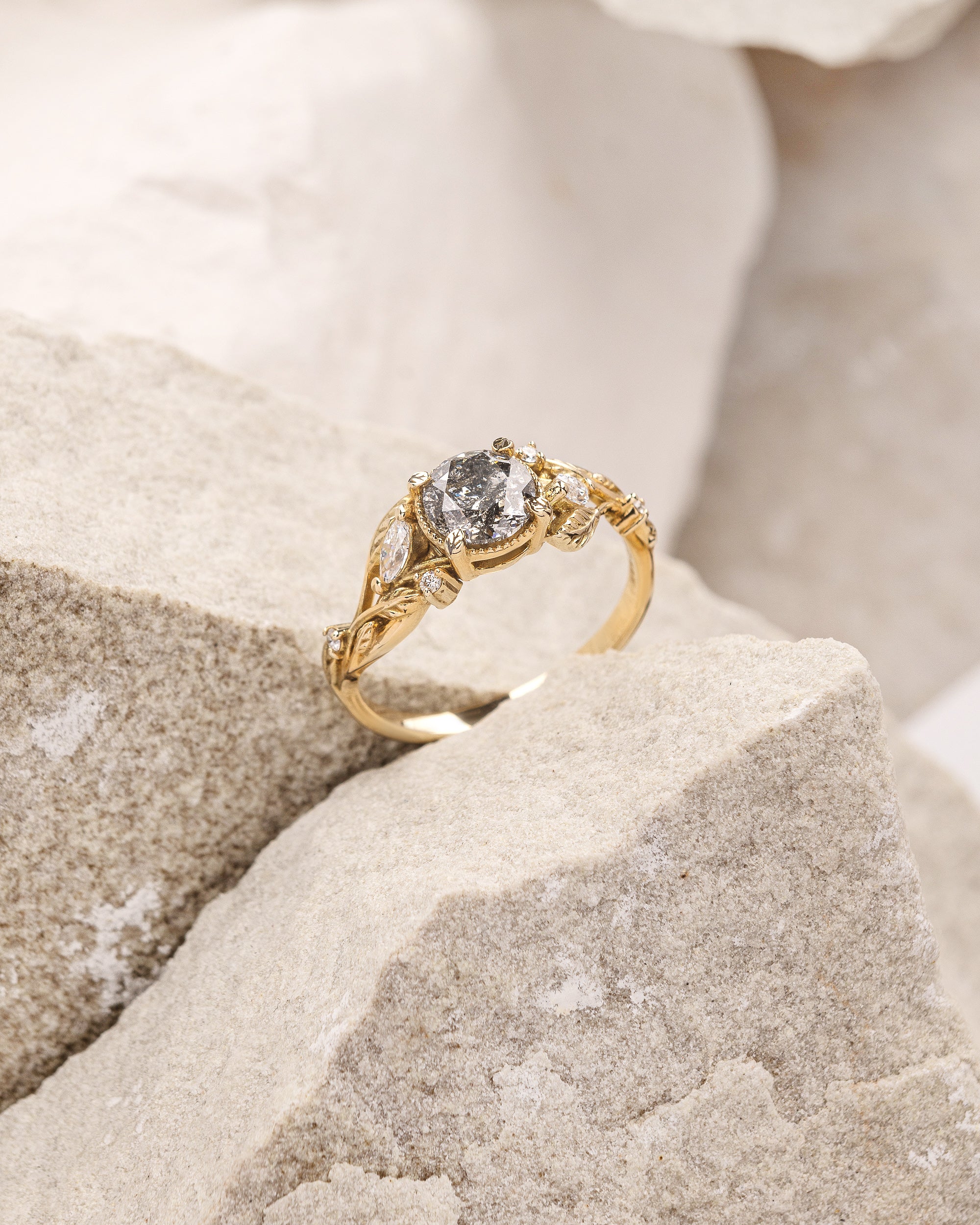 Natural salt & pepper diamond engagement ring with accent diamonds / Patricia - Image 4