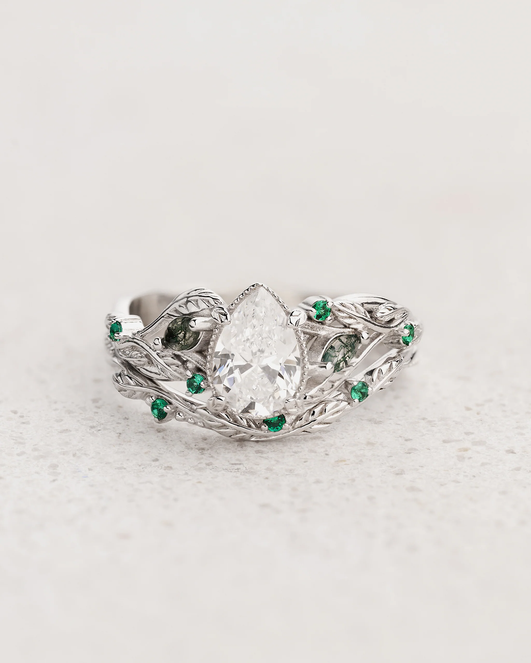 READY TO SHIP Patricia bridal ring set with lab diamond and accent moss agates and lab emeralds, 14K white gold, AVAILABLE RING SIZES: 5.5 - 8.5 US - Image 3