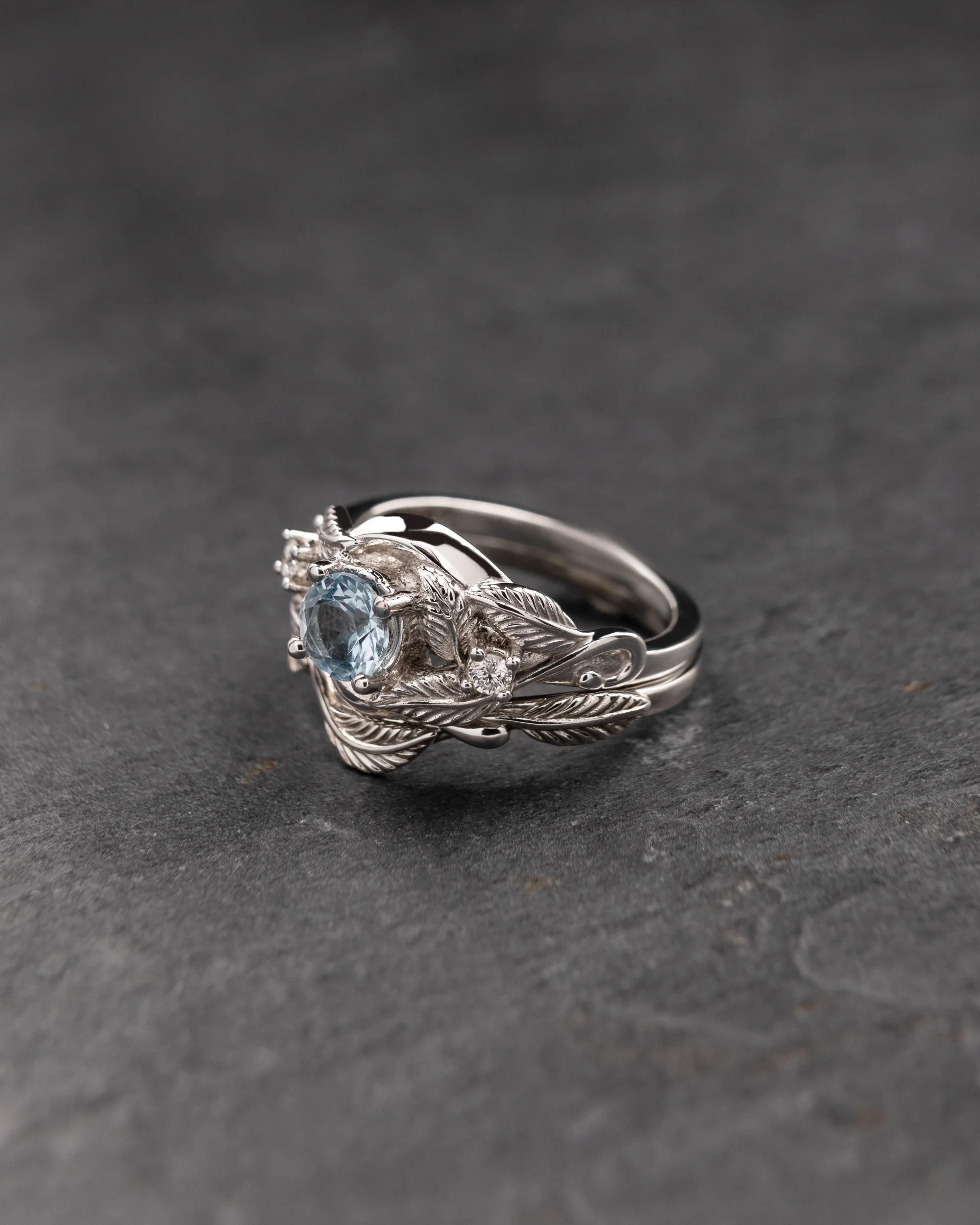 Light blue aquamarine and diamonds bridal ring set / Azalea - Image 4