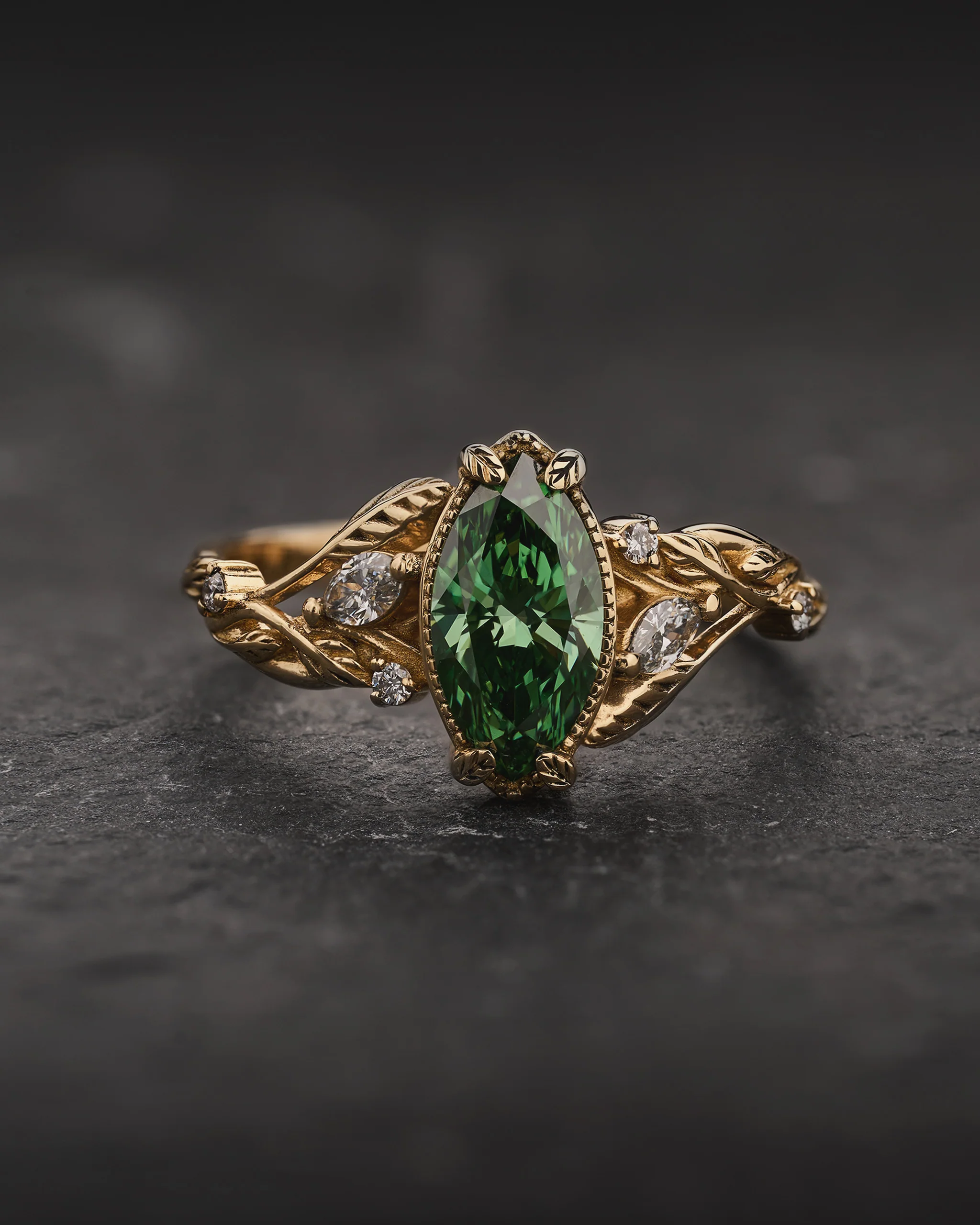 READY TO SHIP Patricia ring with marquise-cut green lab-grown diamond, 14K yellow gold, AVAILABLE RING SIZES: 5.5 - 8.5 US