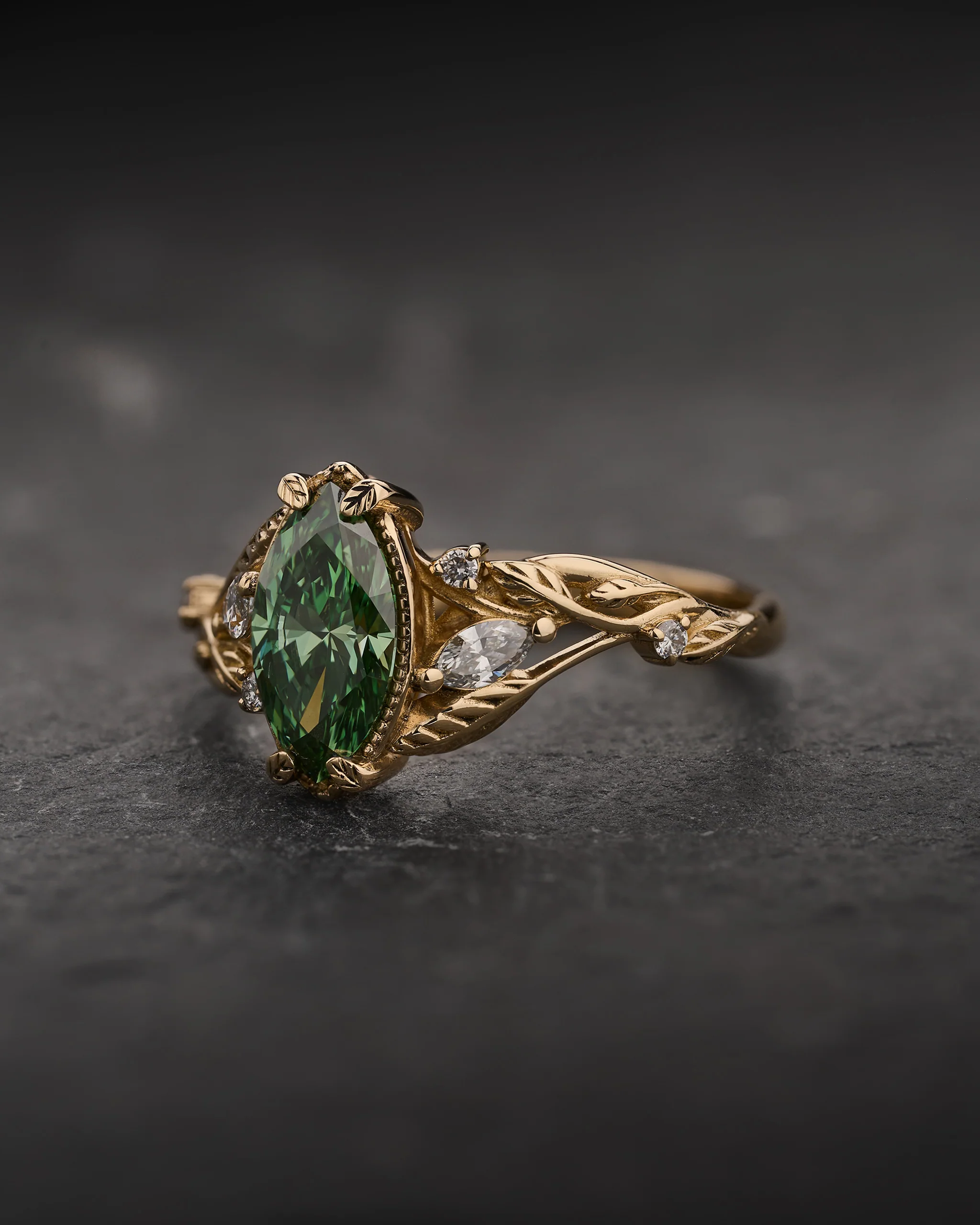 READY TO SHIP Patricia ring with marquise-cut green lab-grown diamond, 14K yellow gold, AVAILABLE RING SIZES: 5.5 - 8.5 US - Image 3