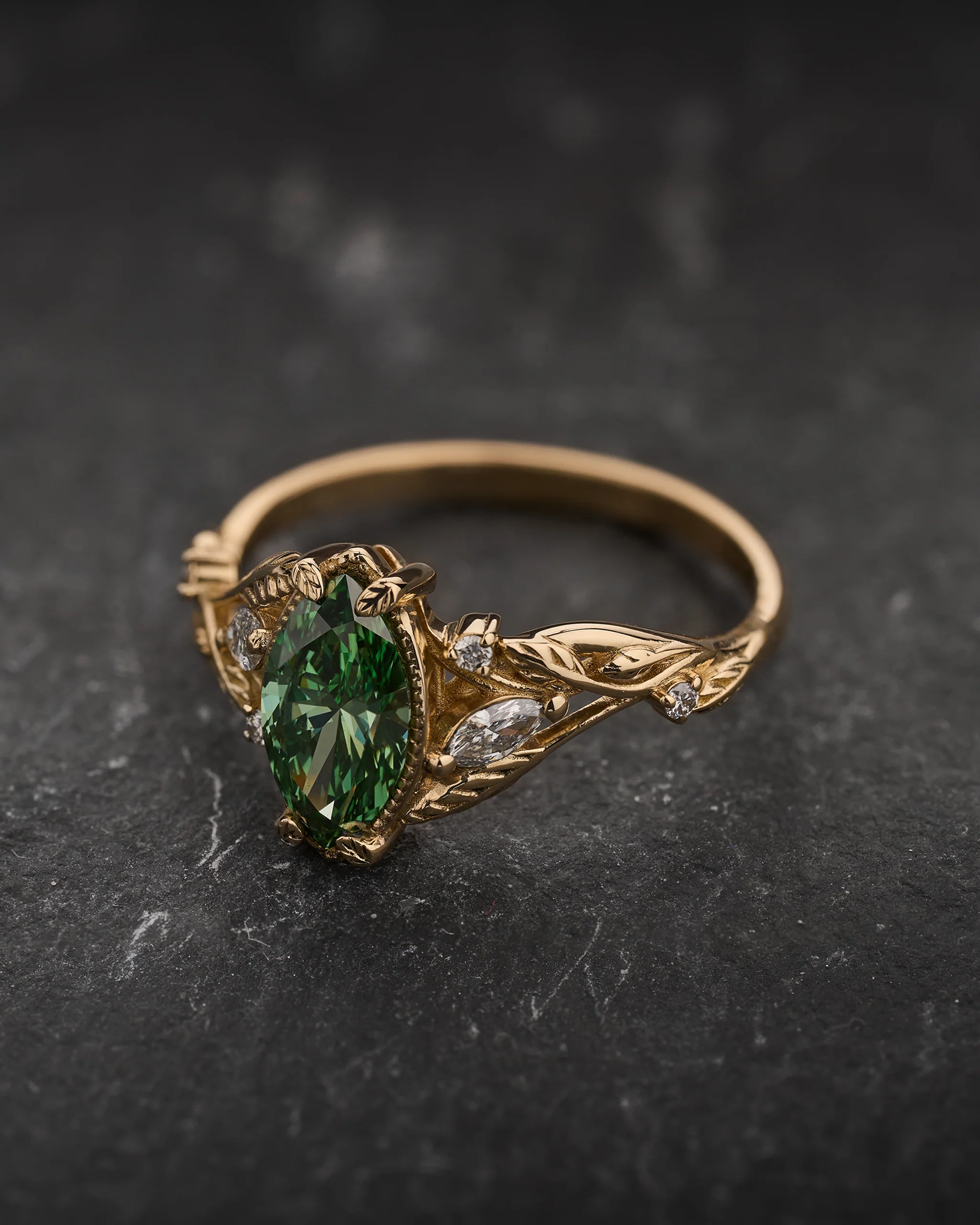 READY TO SHIP Patricia ring with marquise-cut green lab-grown diamond, 14K yellow gold, AVAILABLE RING SIZES: 5.5 - 8.5 US - Image 4