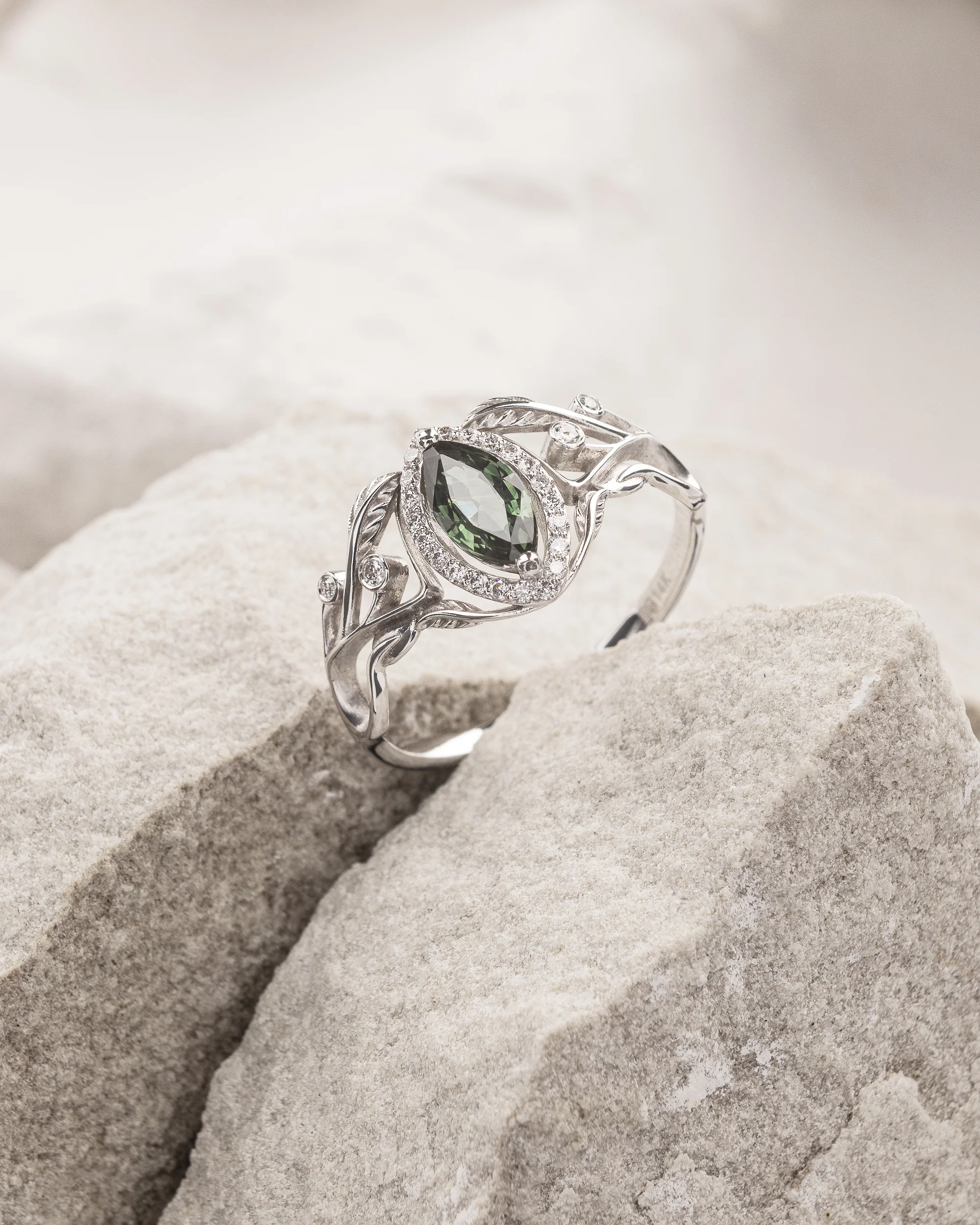 Marquise cut green sapphire engagement ring with diamond halo / Callisto - Image 2