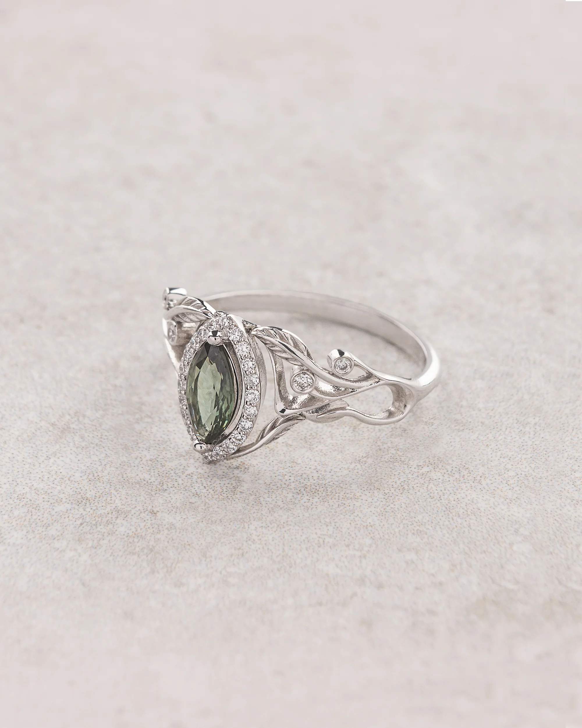 Marquise cut green sapphire engagement ring with diamond halo / Callisto - Image 3