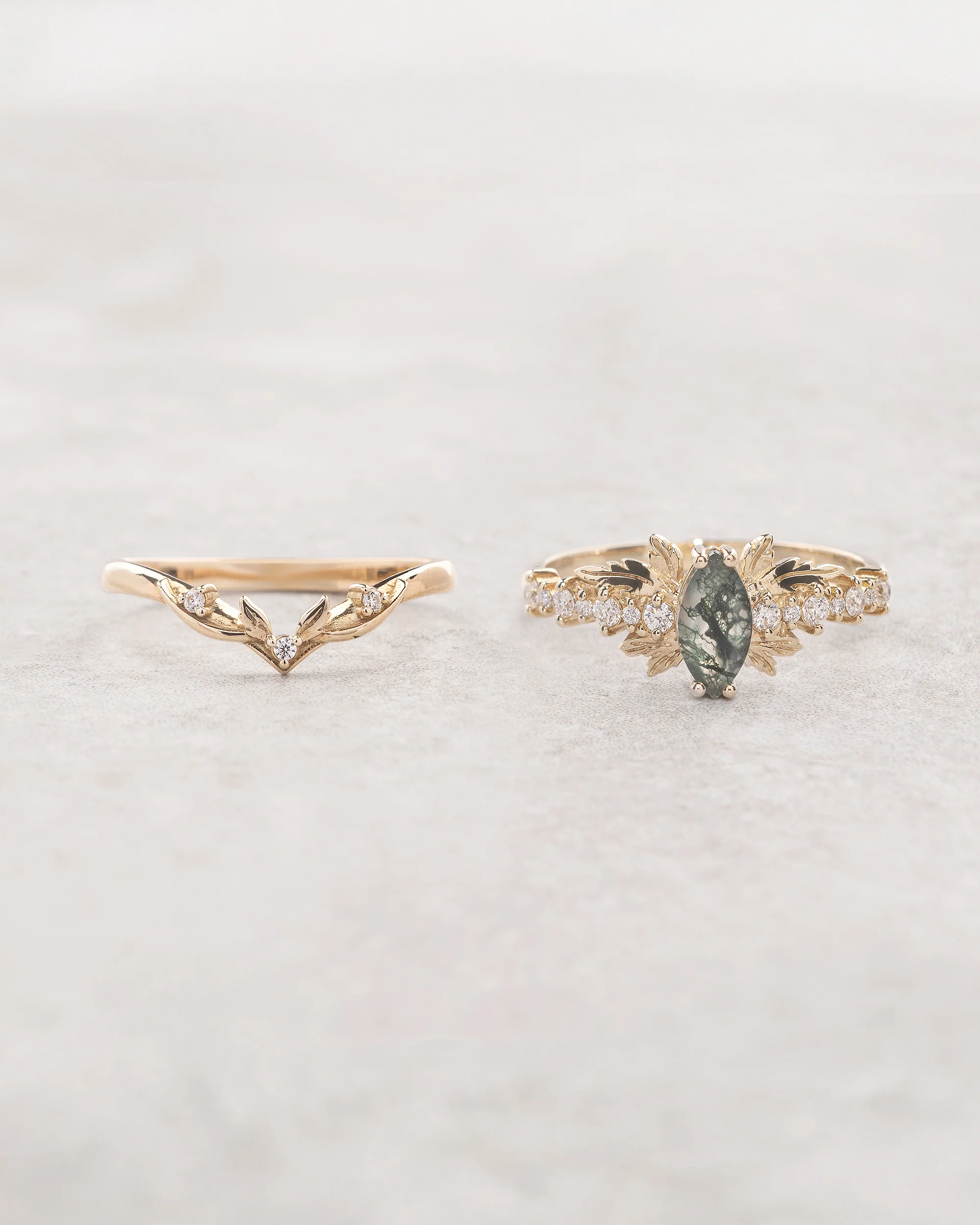 Marquise cut moss agate bridal ring set, nature inspired engagement ring / Verbena - Image 2