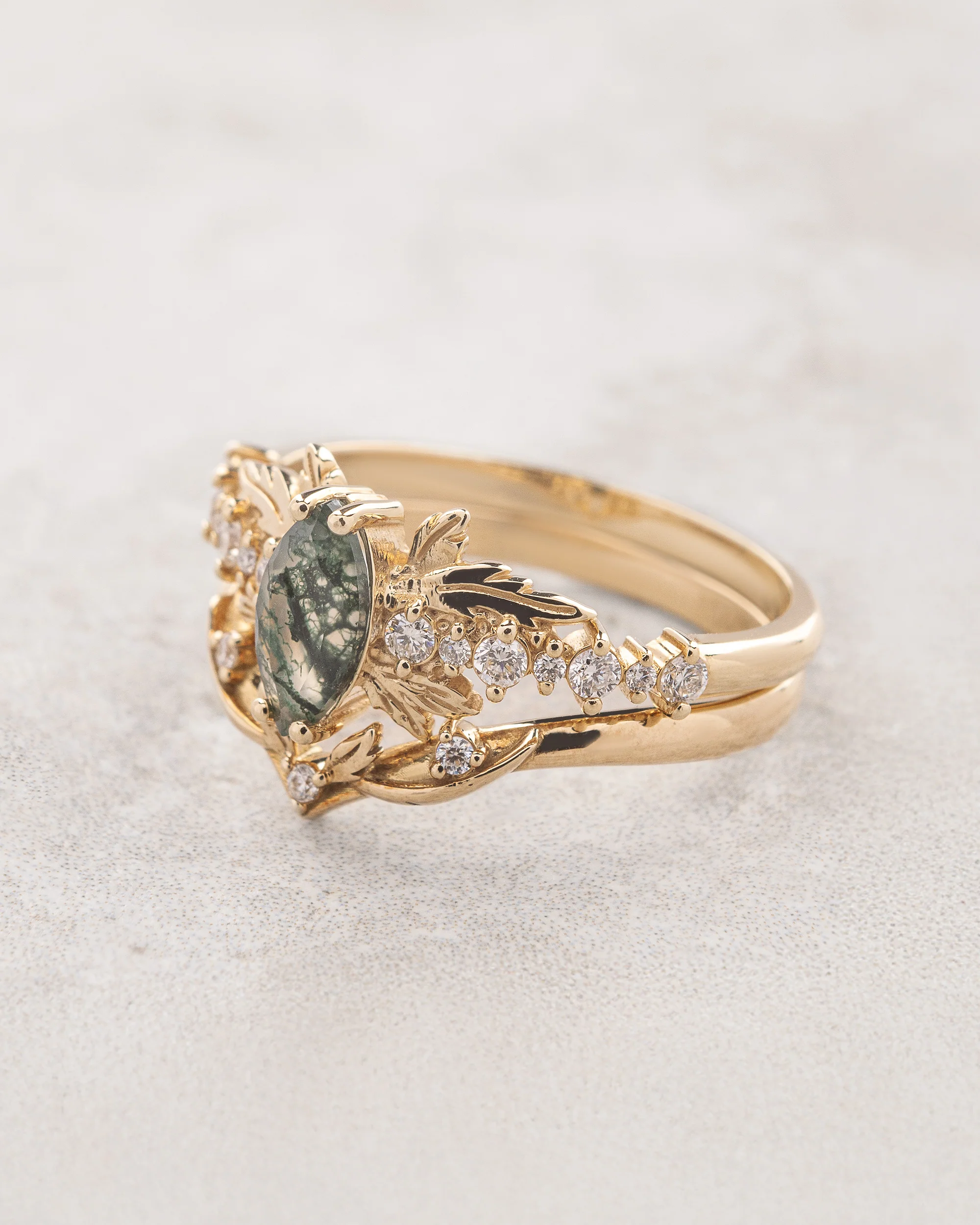 Marquise cut moss agate bridal ring set, nature inspired engagement ring / Verbena - Image 3