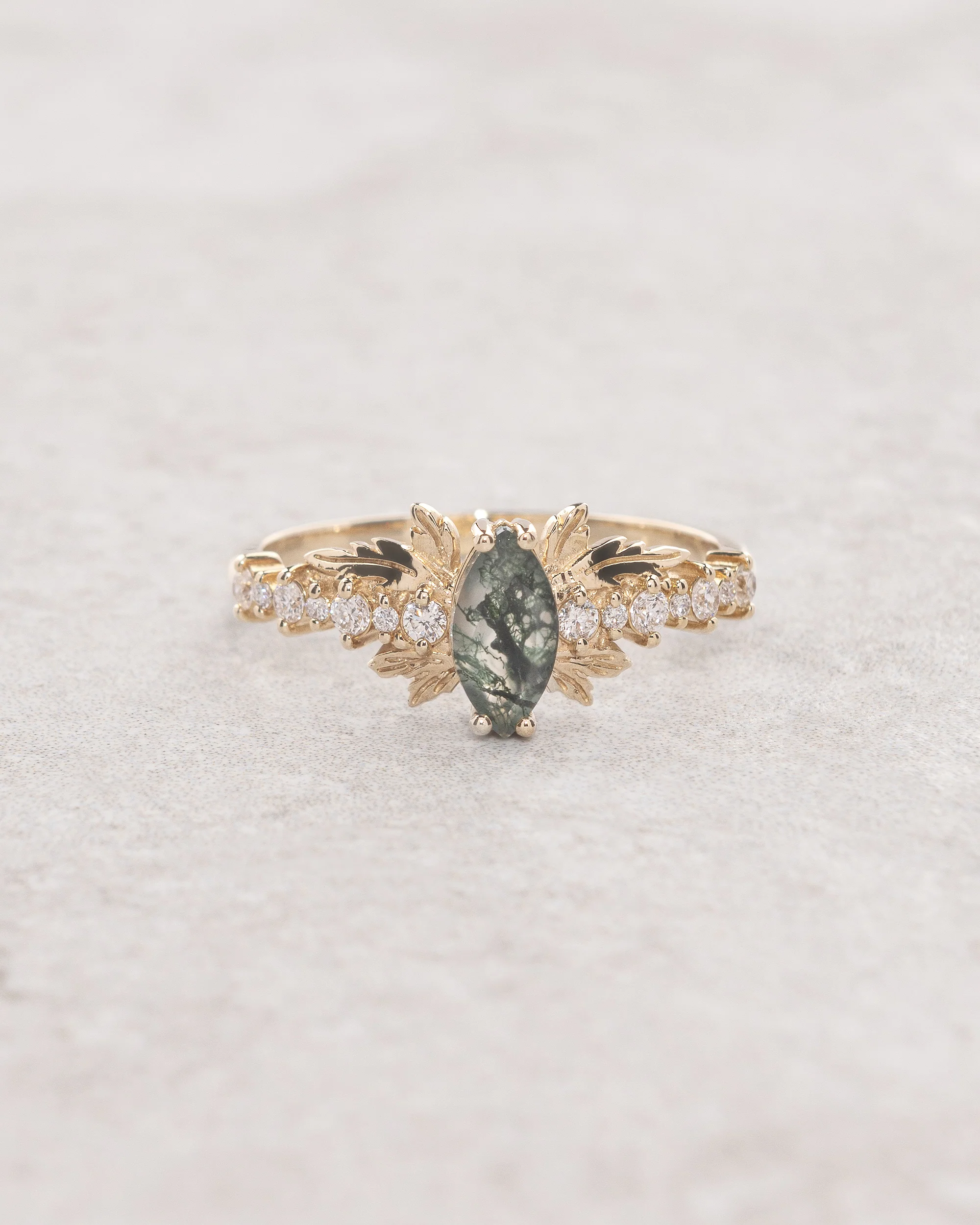 Marquise cut moss agate bridal ring set, nature inspired engagement ring / Verbena - Image 4