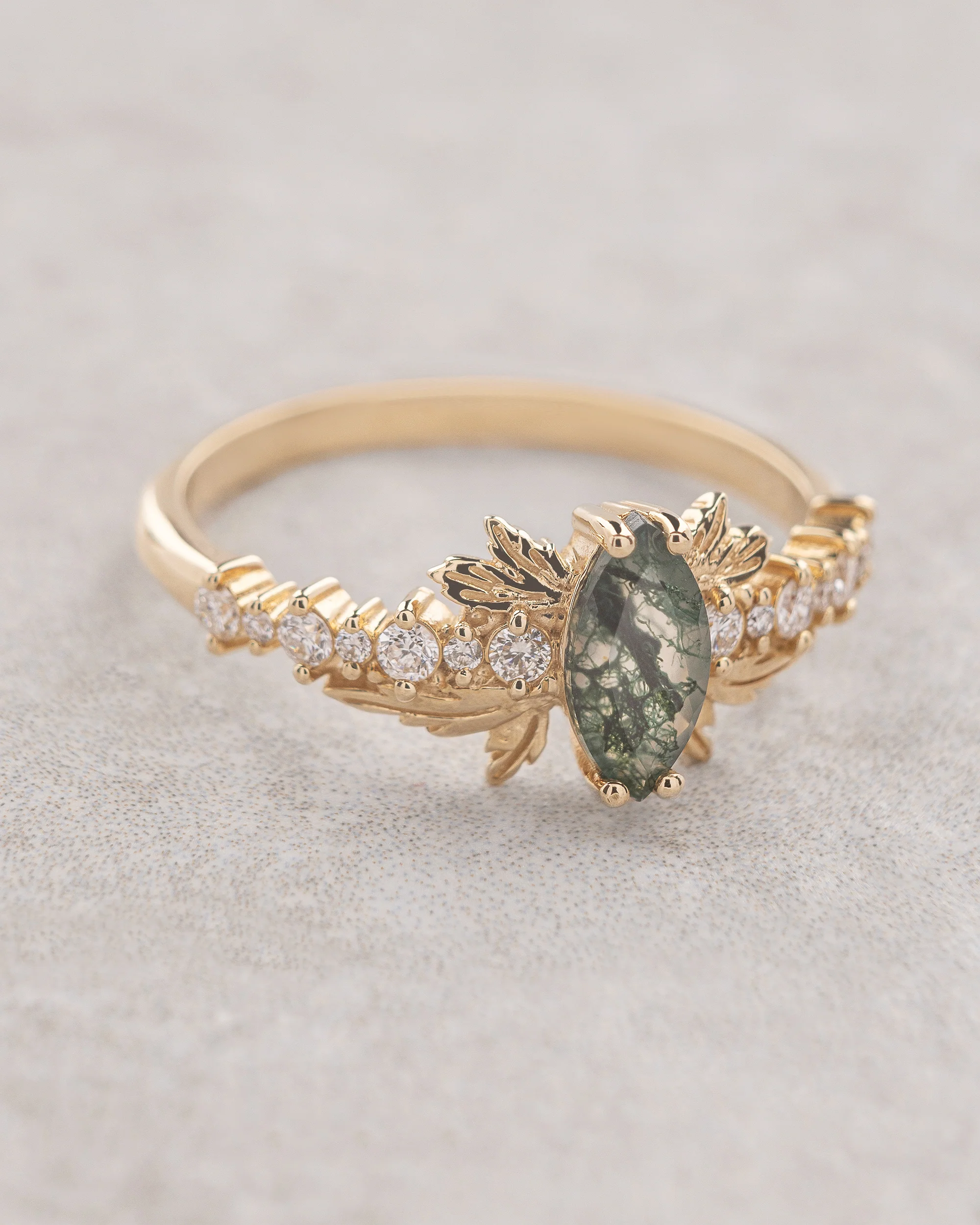 Marquise cut moss agate bridal ring set, nature inspired engagement ring / Verbena - Image 6