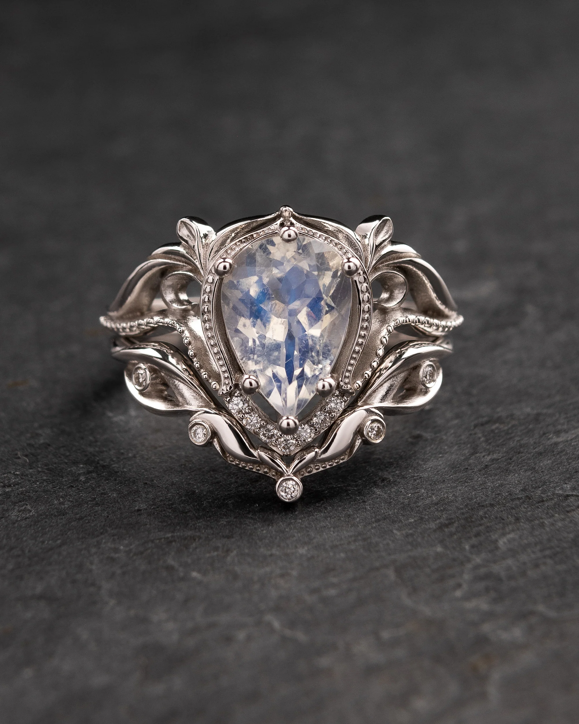 Moonstone engagement ring set, gold statement bridal set with diamonds / Lida - Image 3
