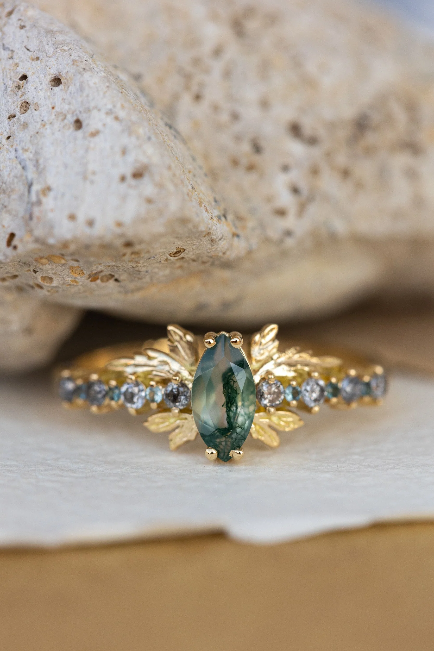 Moss agate and accents sapphires and diamonds engagement ring, nature inspired gold leaf ring / Verbena - Image 2