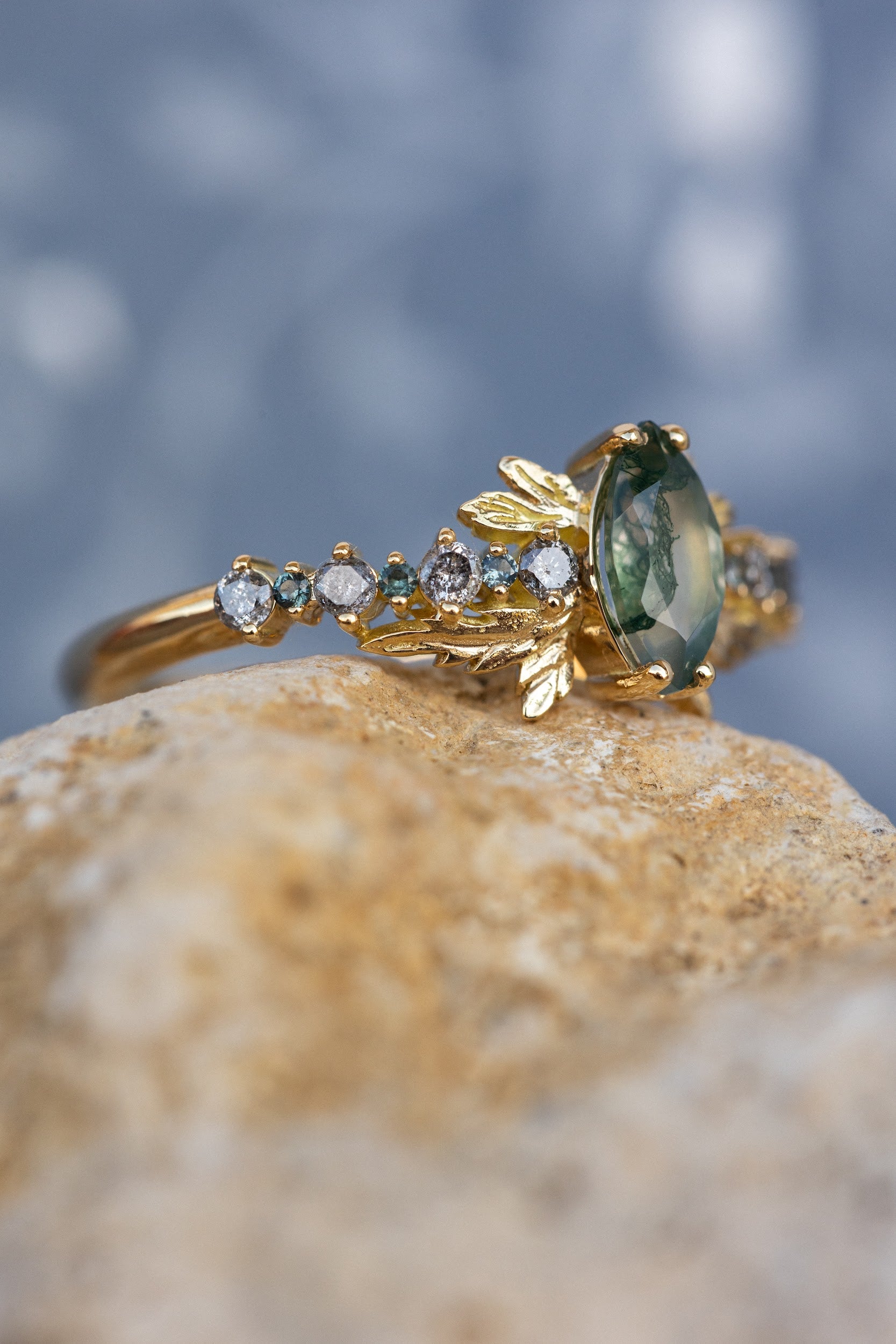 Moss agate and accents sapphires and diamonds engagement ring, nature inspired gold leaf ring / Verbena - Image 3