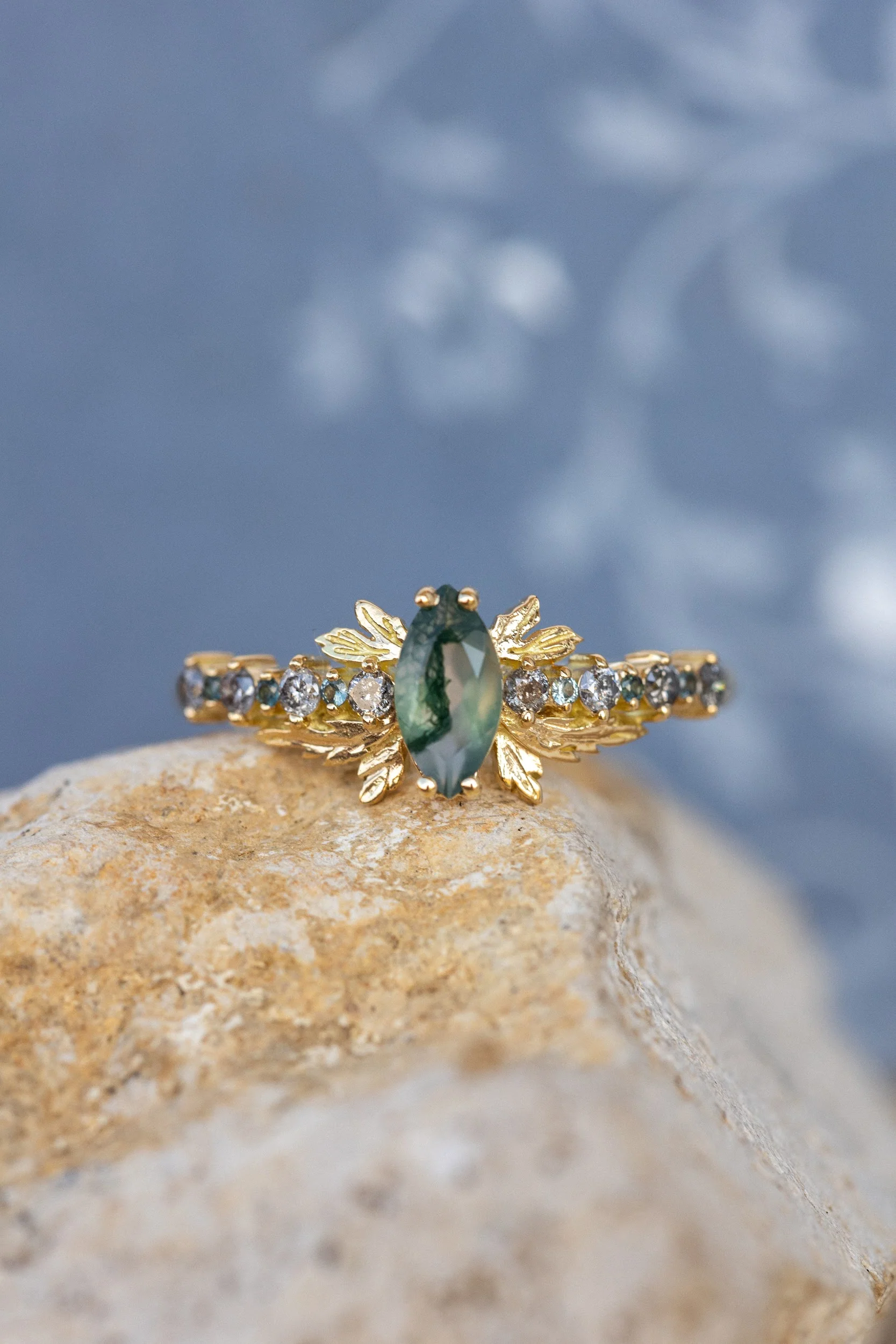 Moss agate and accents sapphires and diamonds engagement ring, nature inspired gold leaf ring / Verbena - Image 4