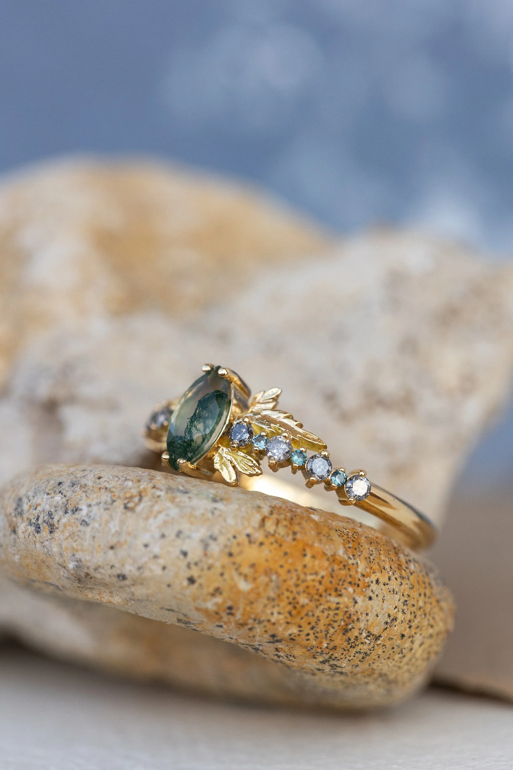 Moss agate and accents sapphires and diamonds engagement ring, nature inspired gold leaf ring / Verbena - Image 5
