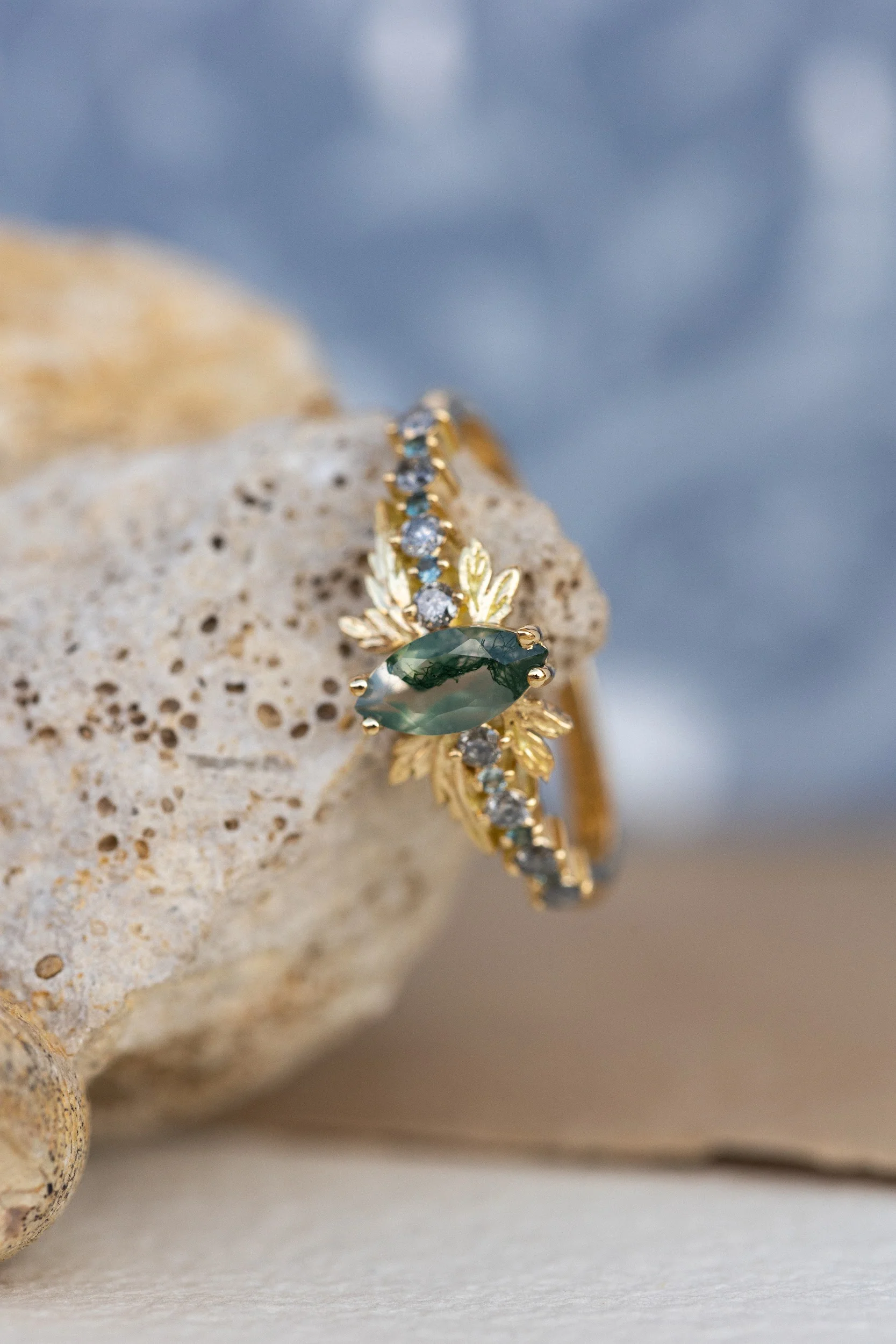 Moss agate and accents sapphires and diamonds engagement ring, nature inspired gold leaf ring / Verbena - Image 6
