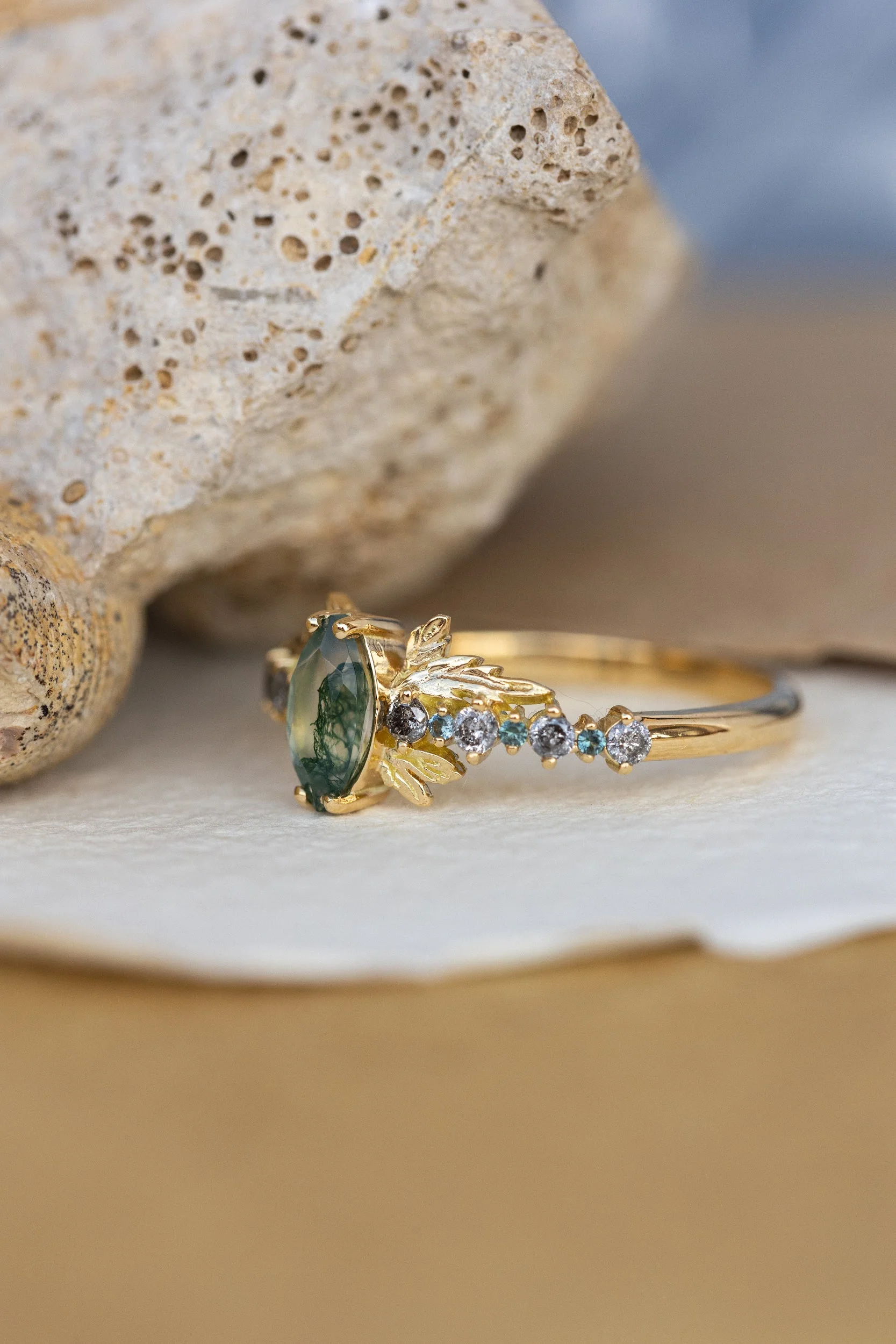 Moss agate and accents sapphires and diamonds engagement ring, nature inspired gold leaf ring / Verbena - Image 7