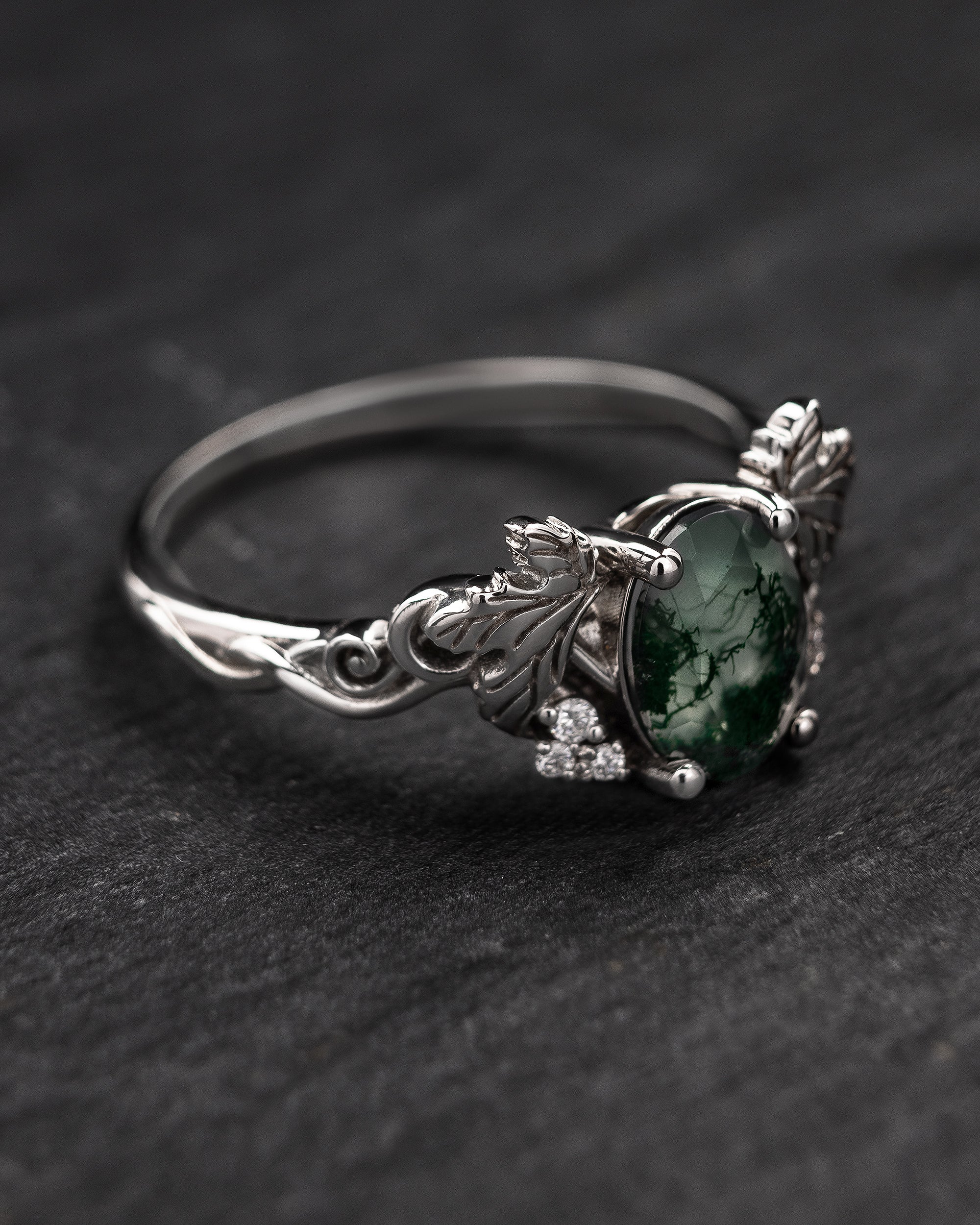 Moss agate and diamonds engagement ring, gold leaf and vine engagement ring / Vineyard - Image 3