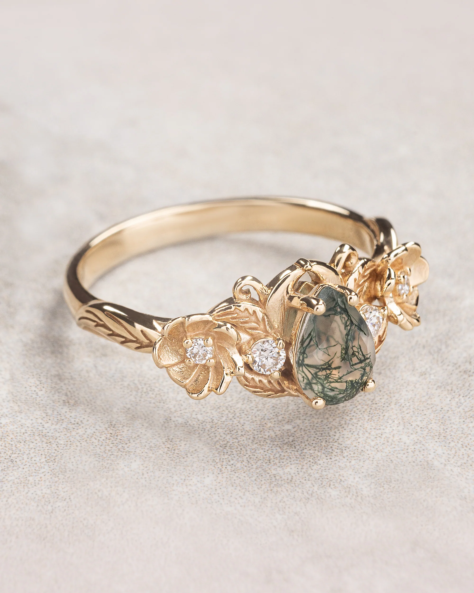 Moss agate and diamonds floral engagement ring / Adelina - Image 3